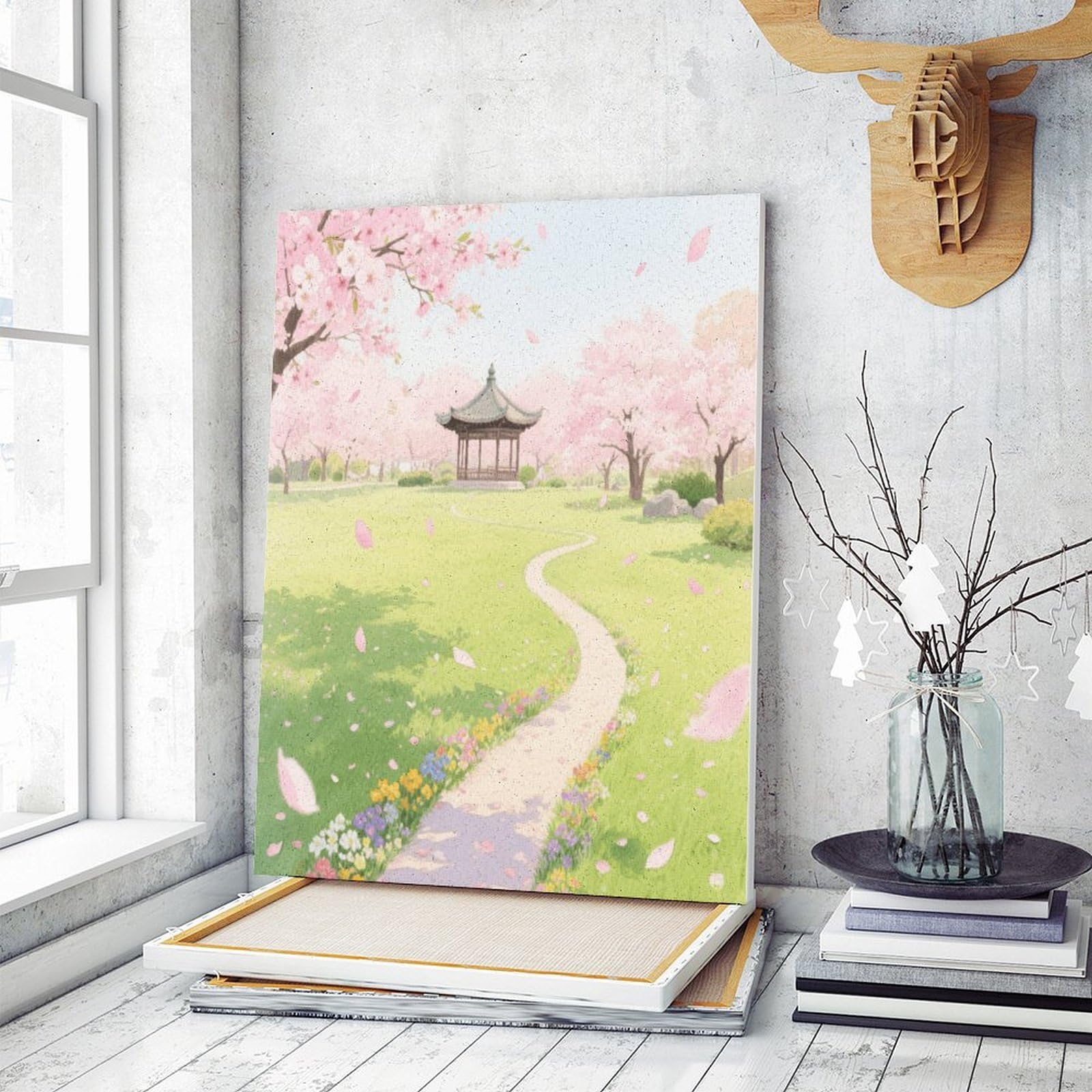 Malen-nach-Zahlen-Set "A Park with Cherry Blossoms in Full Bloom", Malen-nach-Zahlen-Set für Erwachsene, Erwachsene, Malen-nach-Zahlen-Kits auf Leinwand, Acryl-Ölfarben, Gemälde mit Pinseln für