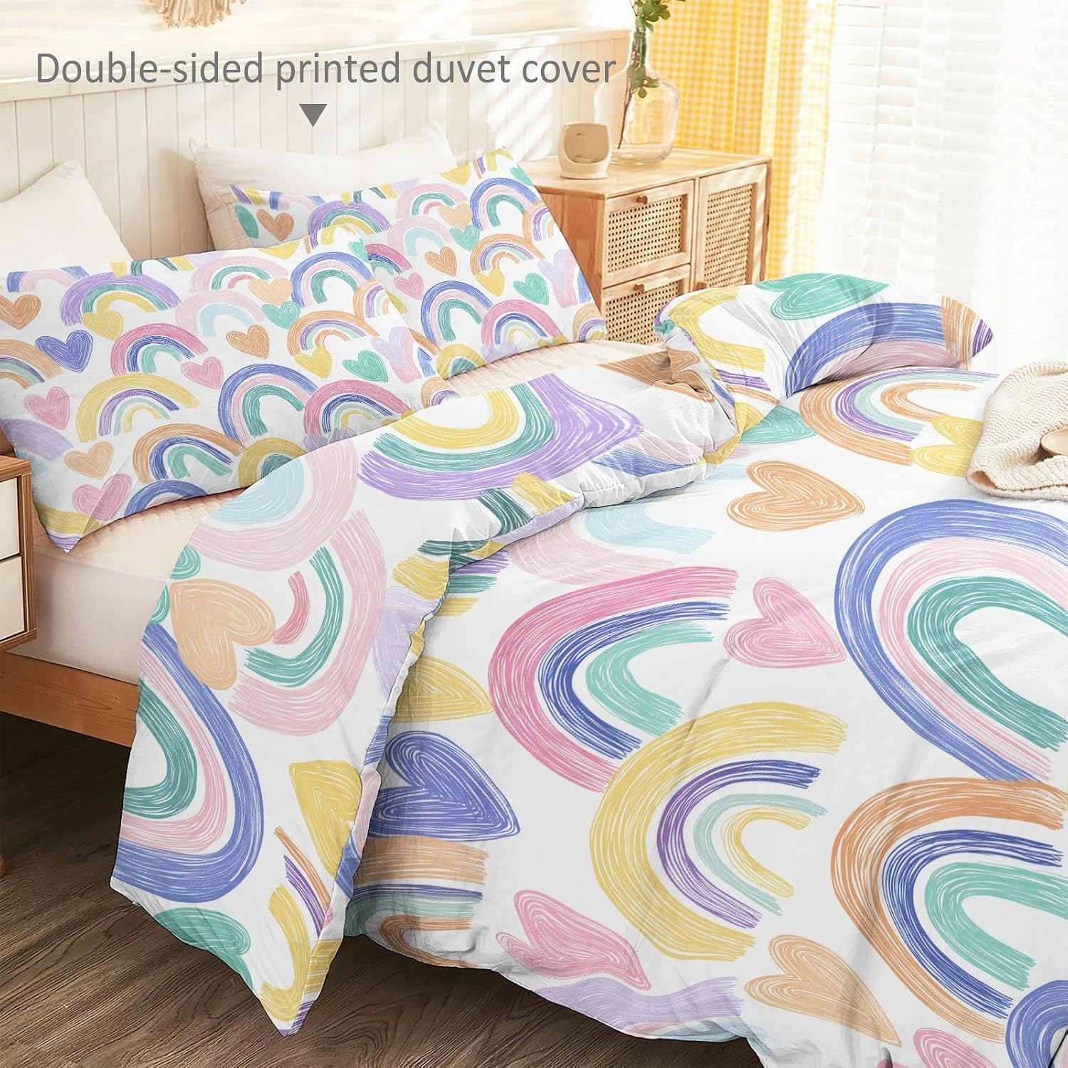 Duvet Cover Queen Size Heart Rainbow Pattern Reversible Bedding Set, Super Soft Hypoallergenic Microfiber, Zipper Closure Cute Style Soft Lightweight Bedding for Teen Kids Boys Girls, Colorful