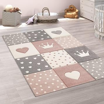 Paco Home Kids Rug for Nursery Checkered with Dots Hearts & Crowns in Pink White Pastel, Size 28" x 411"