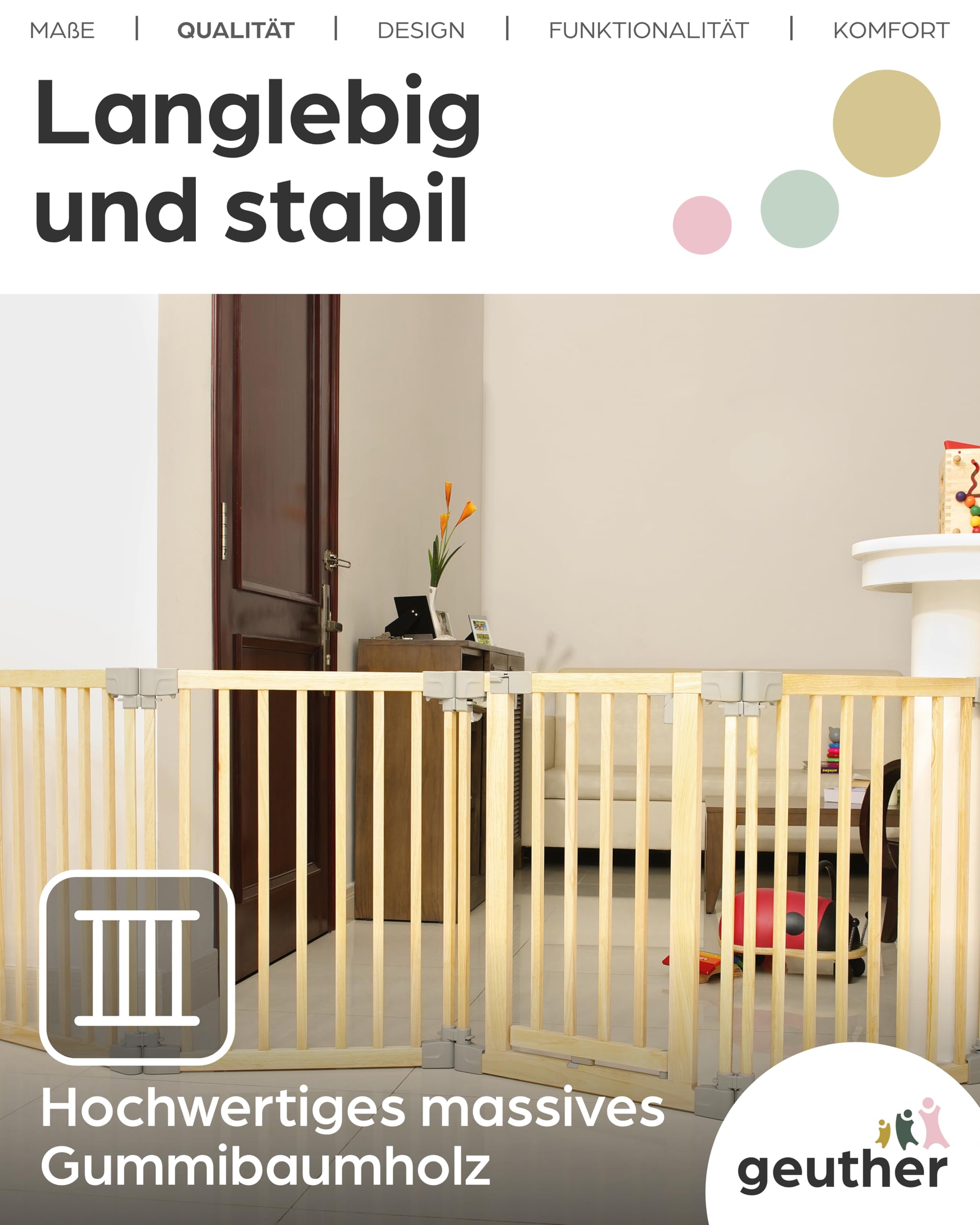Yoko Kinderschutzgitter Holz 95-260 cm I Kaminschutzgitter flexibel freistehend oder Wandmontage I Sicherheitsgitter mit Türöffnung I Laufgitter erweiterbar I Zubehör kompatibel Gitterverlängerung