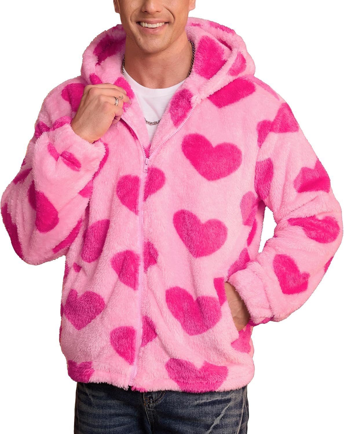 Arvilhill Men's Valentines Day Sherpa Hoodie Heart Print Fleece Lined Full Zip Jacket with Pocket (S-XXL)