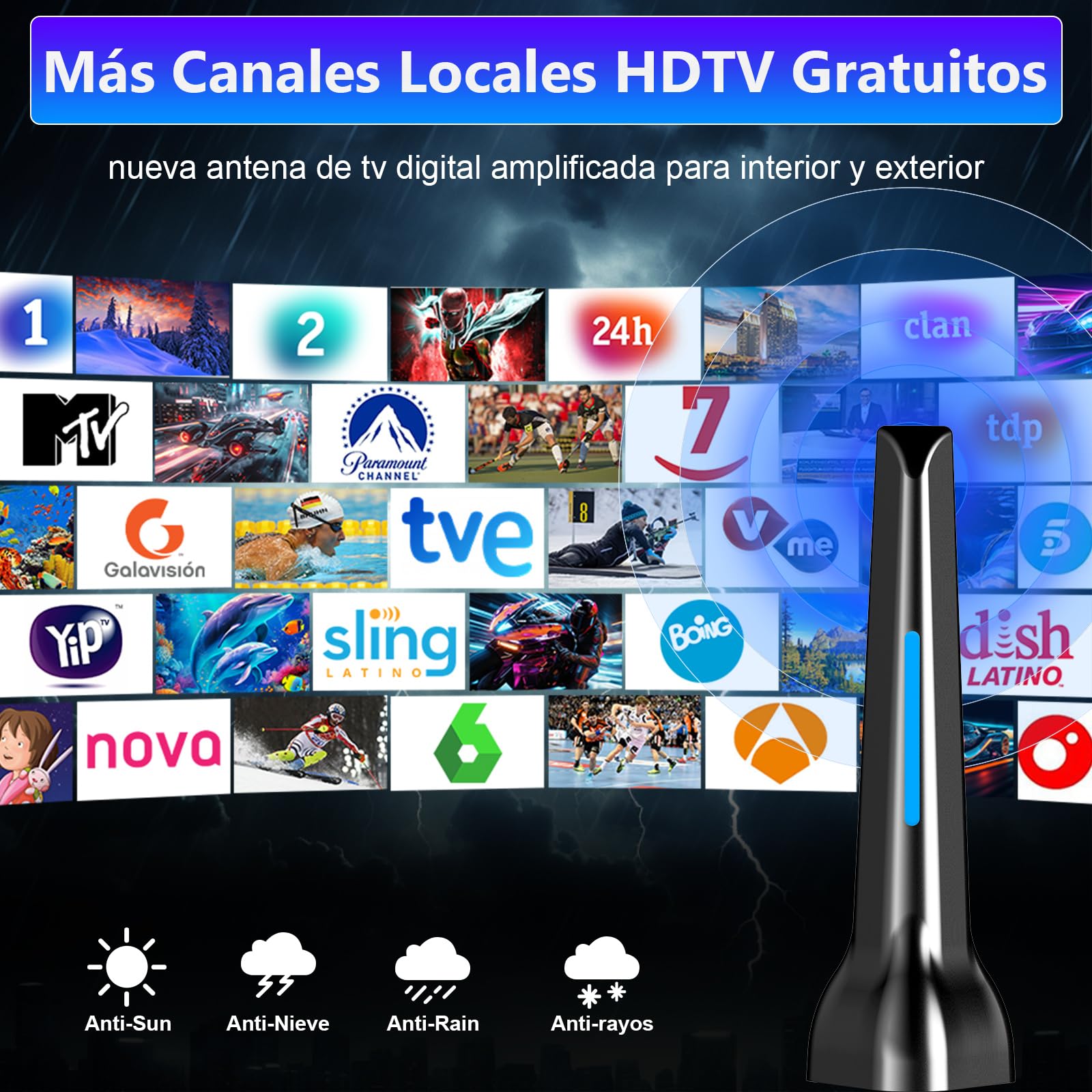 Antenne TV intérieure avec amplificateur réception 360° longue distance, antenne TV portable avec base magnétique, compatible avec 4K 1080P DTMB DVB-T2 DVB-T - Tous les téléviseurs