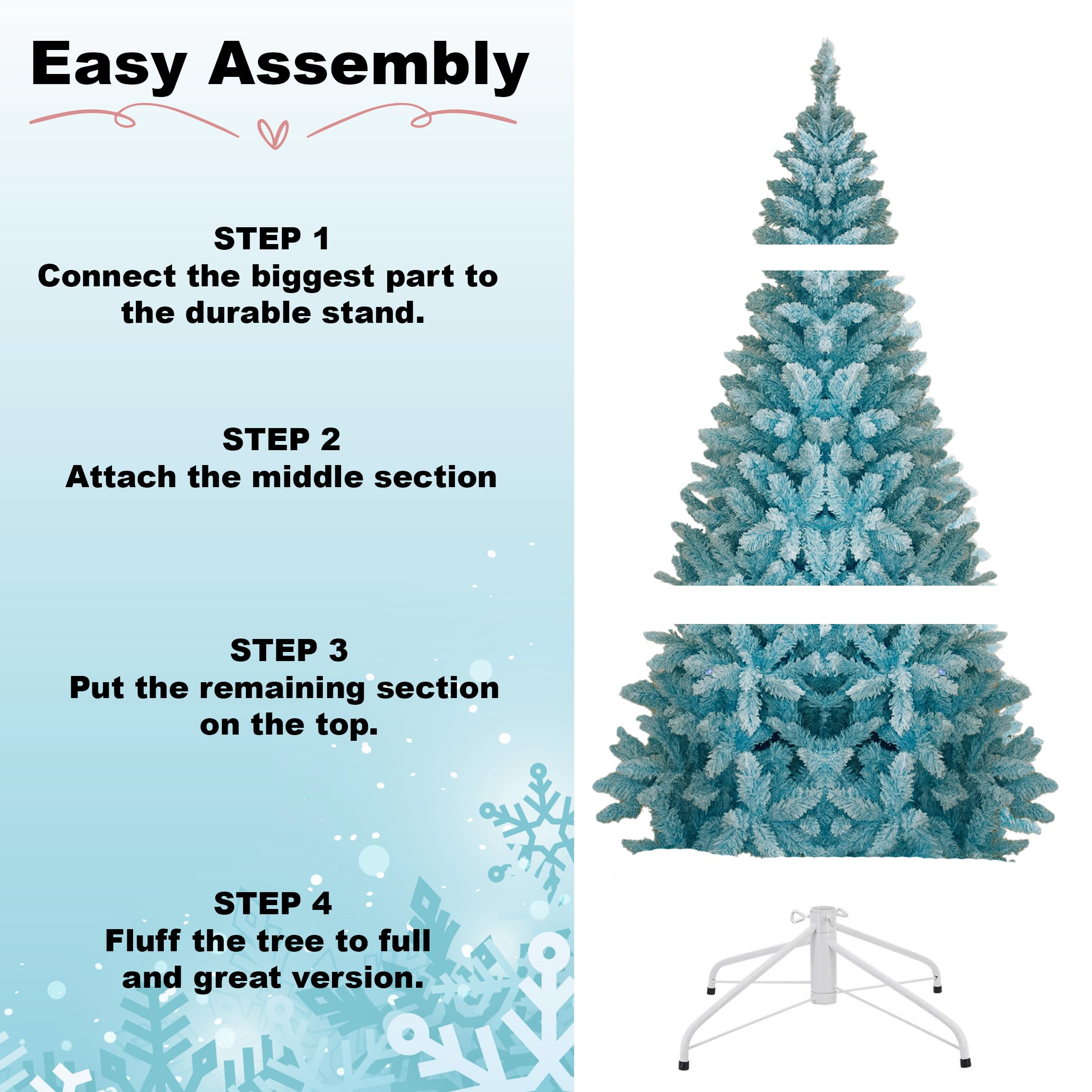 Sapin de Noël Artificiel floqué Bleu de 2,1 m avec Support en métal Pliable 1084 Branches articulées pour décoration de Maison