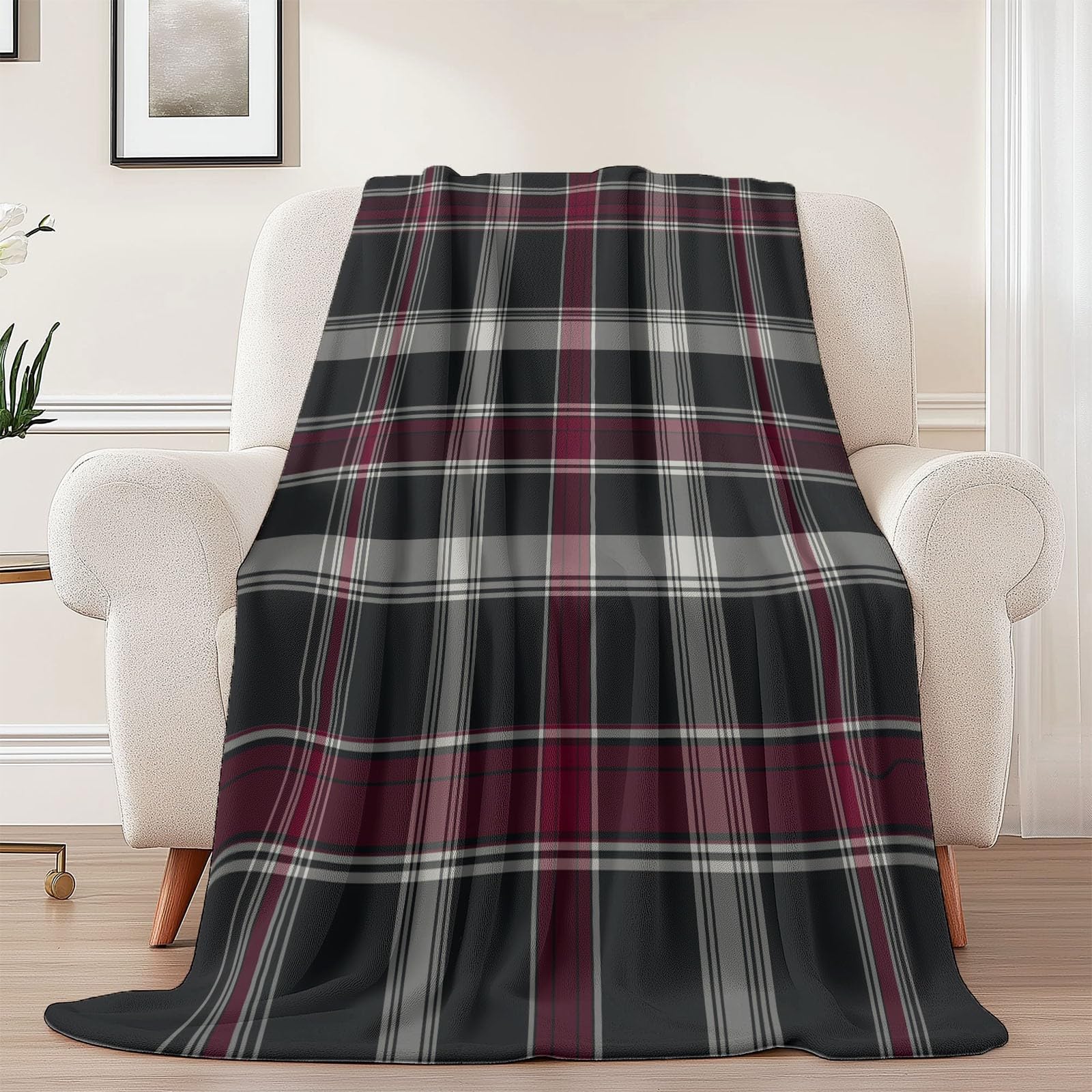 Nadruk Ciemnoszary koc polarowy, prosty puszysty wzór w szkocki, przytulny flanelowy koc dla nastolatków i dorosłych, 220 x 238 cm, na łóżko na sofę