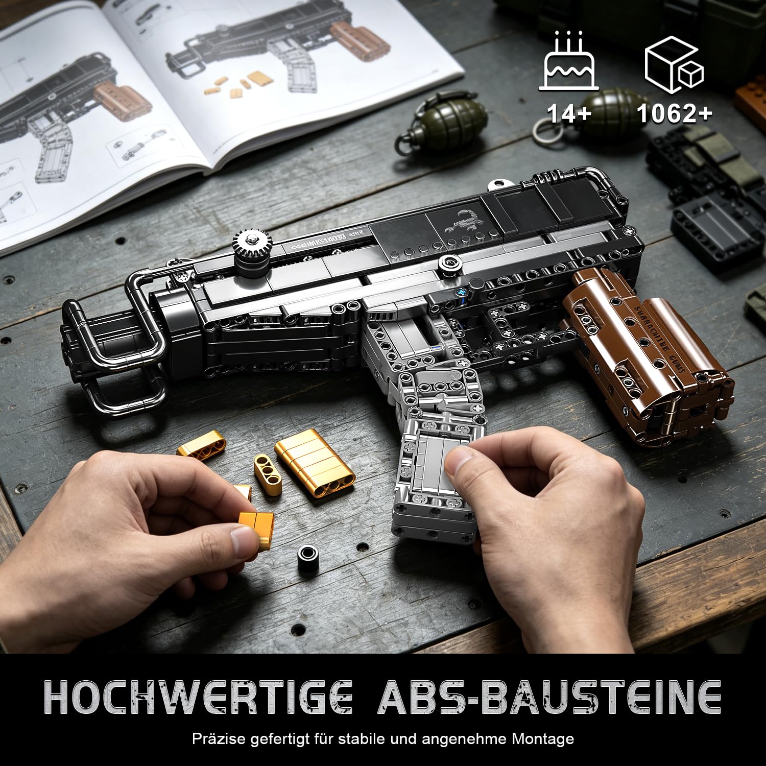 Mould King 14033 Sturmgewehr Waffen Bausteine Spielzeug - 1062 Teile Klemmbausteine Schießwaffe Modell mit Bewegliche Mechanik, Technik Waffen-Gewehr Bausatz Set für Erwachsene und Jugendliche