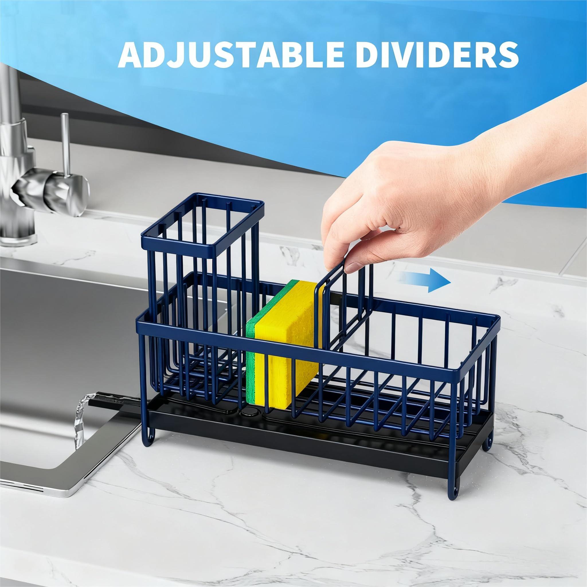 Cisily  Sponge Holder for Kitchen Sink, Sink Caddy Organizer with High Brush Holder, Kitchen Countertop Organizers and Storage Essentials, Rustproof 304 Stainless Steel, Soap Dispenser Organize: Navy Blue