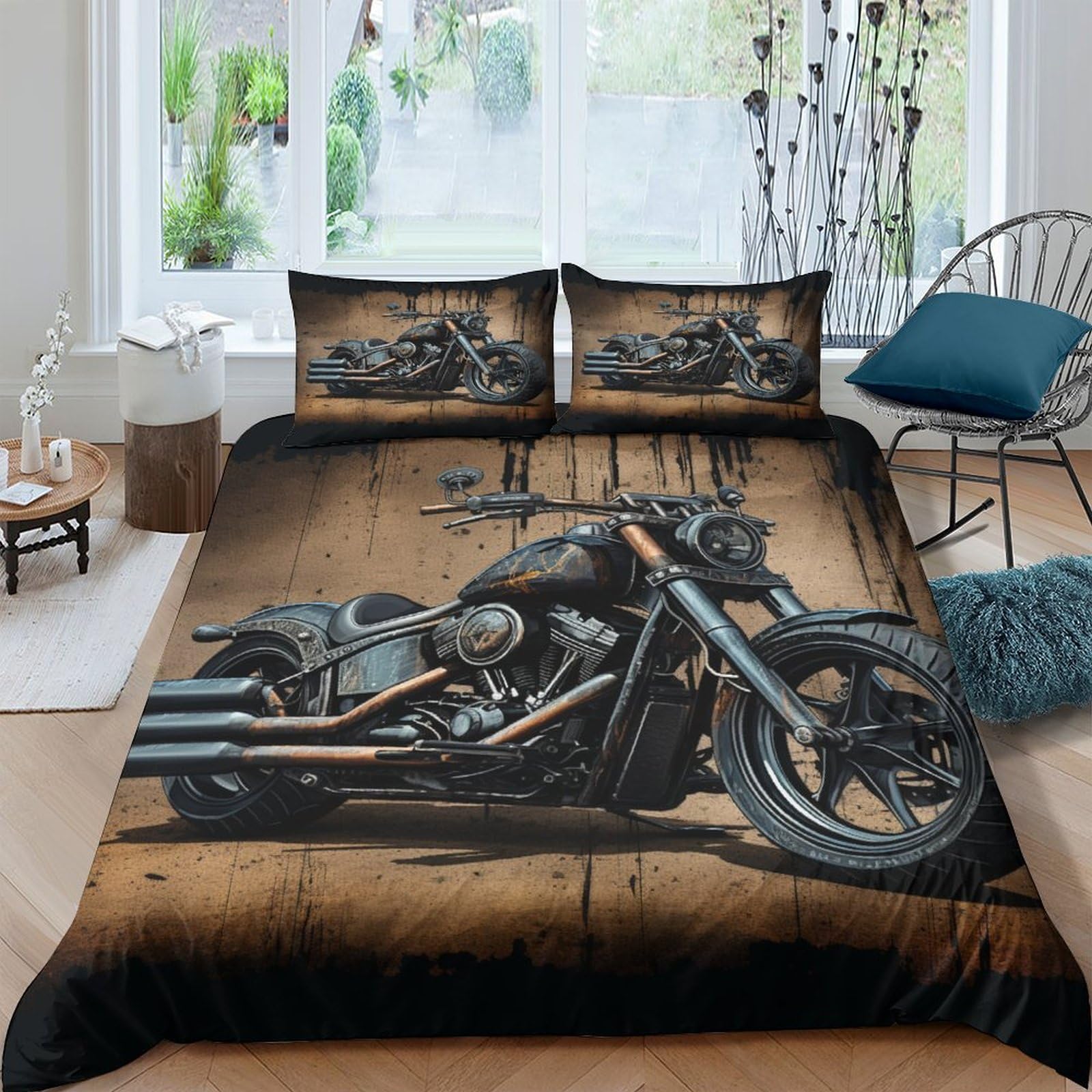 ESSAHI Harley Rider Bedding 3D Print Duvet Cover Sets Vintage Motorbike Quilt Cover Microfibre with Pillwocase with Zipper Comforter Cover 3 Pieces,for Teens And Adults King（220x240cm）