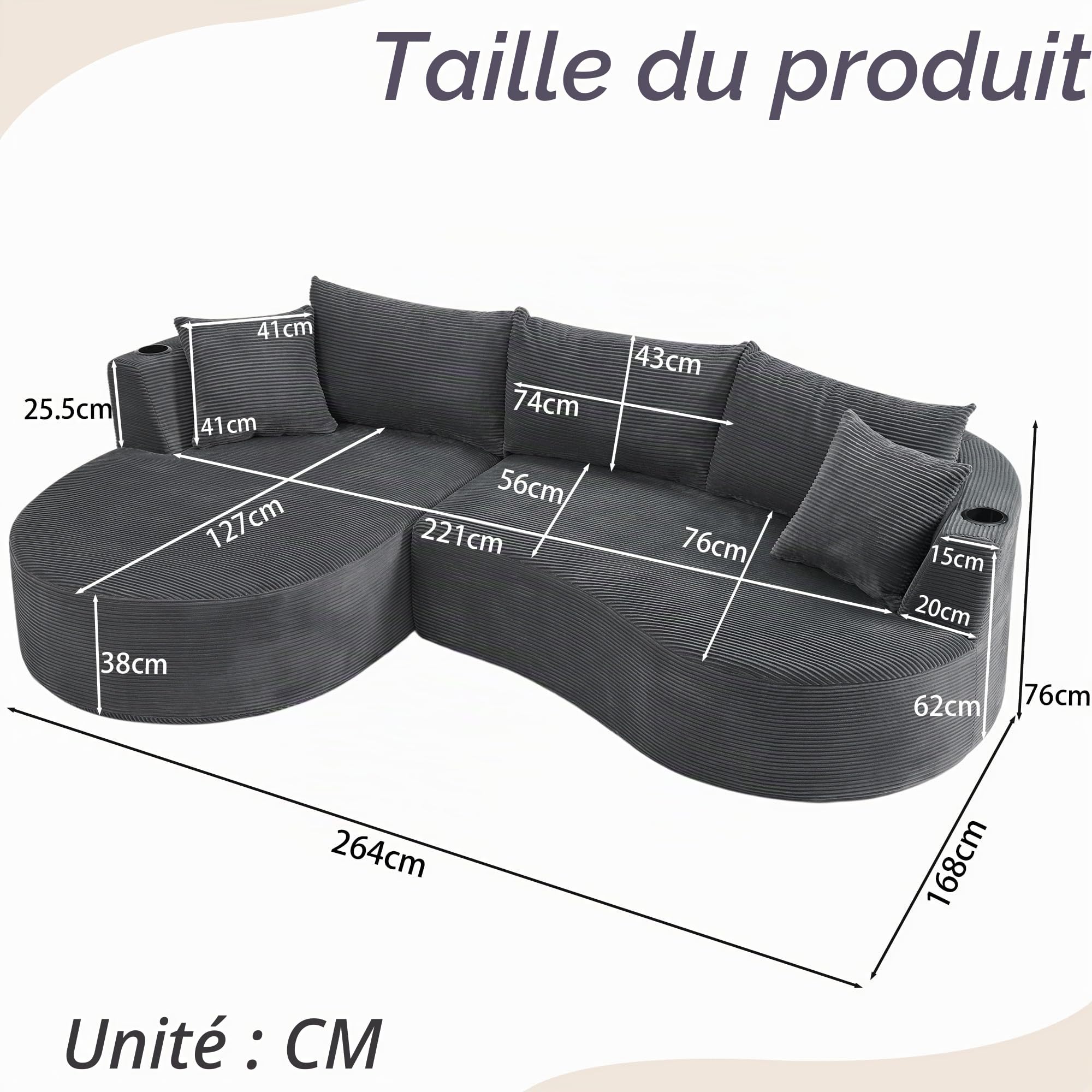 Canapé d'angle Convertible modulable 3-4 Places–Design incurvé en Velours côtelé,avec Porte-gobelets et Coussins–Canapé compressé sans Montage–Salon,Appartement(Gris+L)