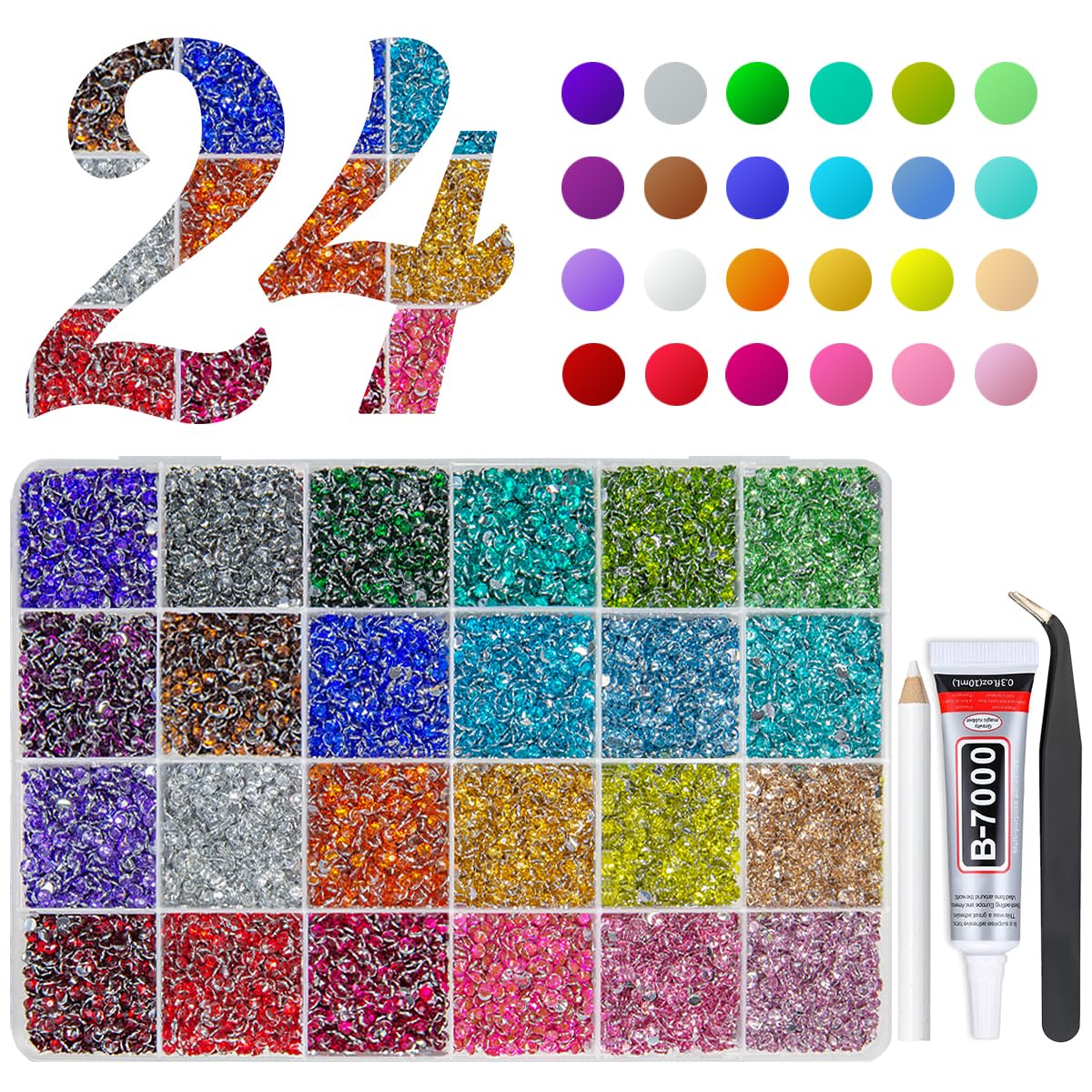 qiipii 24000PCS 24 Color 3mm Crystal Resin Rhinestones Flatback SS10 Colorful Rainbow Stones Gems Diamonds for Nails Face Eyes Makeup Tumblers Bottles DIY Crafts Bedazzling Crafting Clothes Shoes