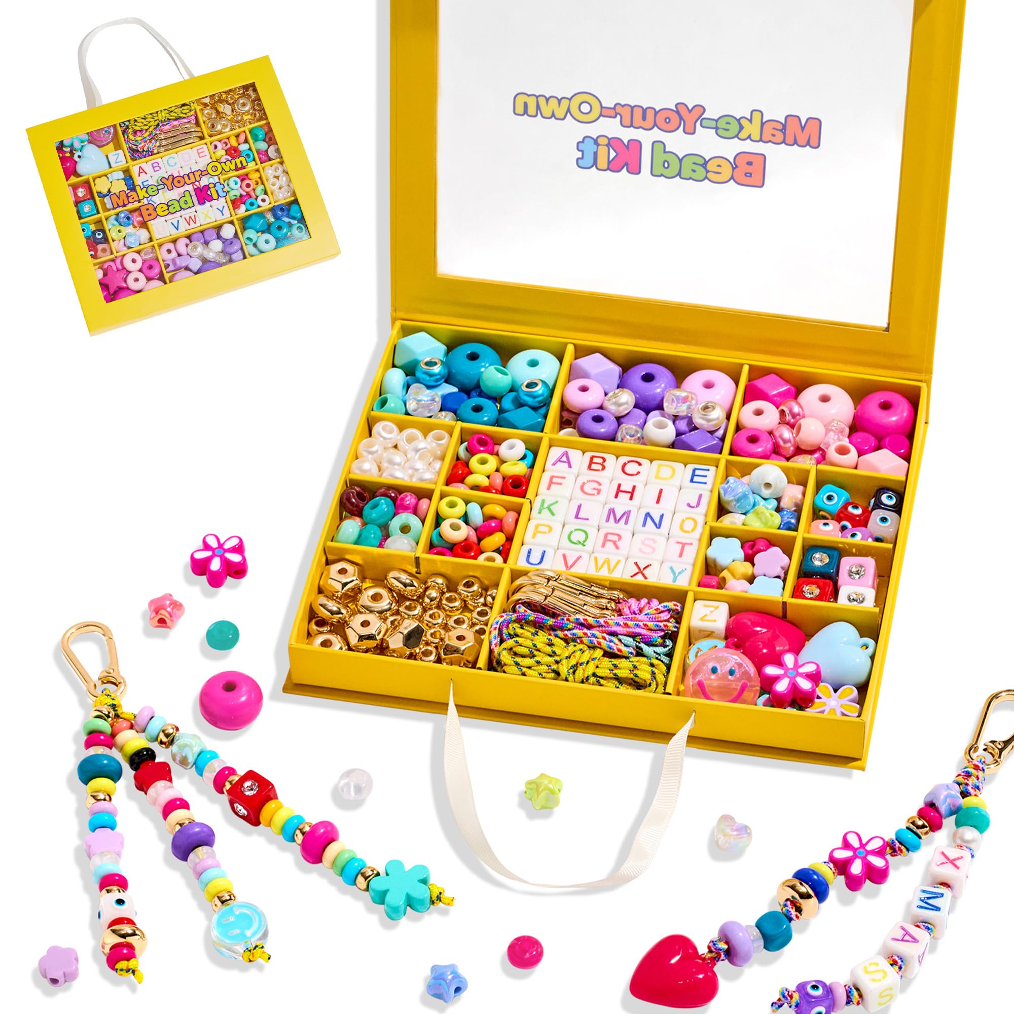 MYCUTEY DIY Keychain Making Kit-Big Beaded Keychain &amp; Bag Charm Craft Supplies with Keyrings,Strong Cords and Colorful Letter,Star,Heart,Pony Beads,Personalized Alphabet A-Z Name Making Kit