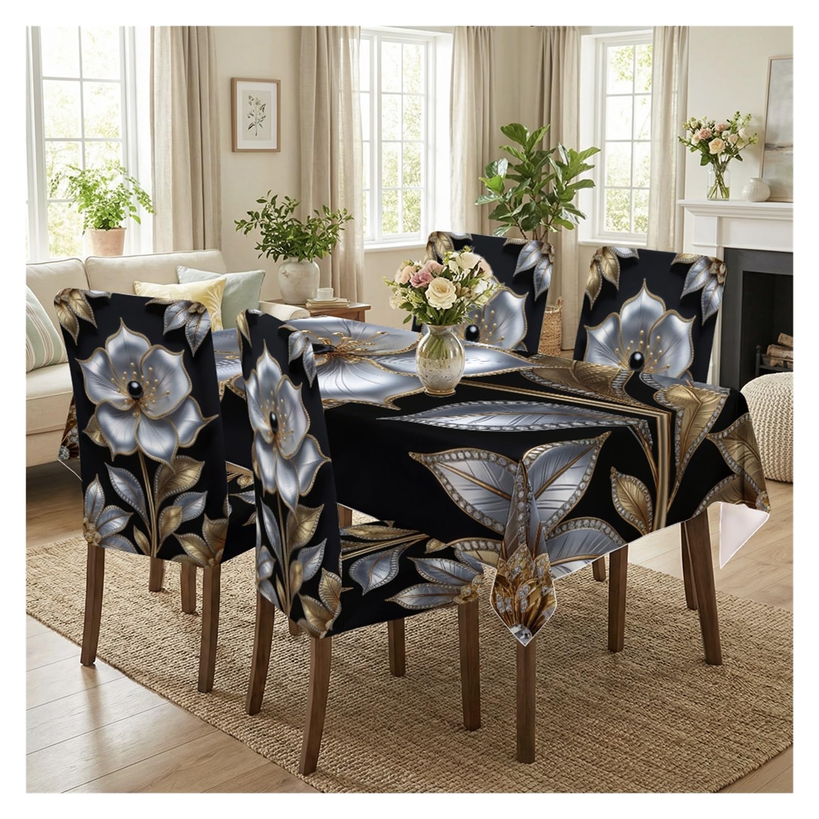 BOSUYBN Luxury Black Gold Silver Floral Dining Tablecloth & Chair Covers Set, 5/7 Piece Elegant Glam Modern Home Decor Table Setting(5pcs Set: Tablecloth+Chair Covers)