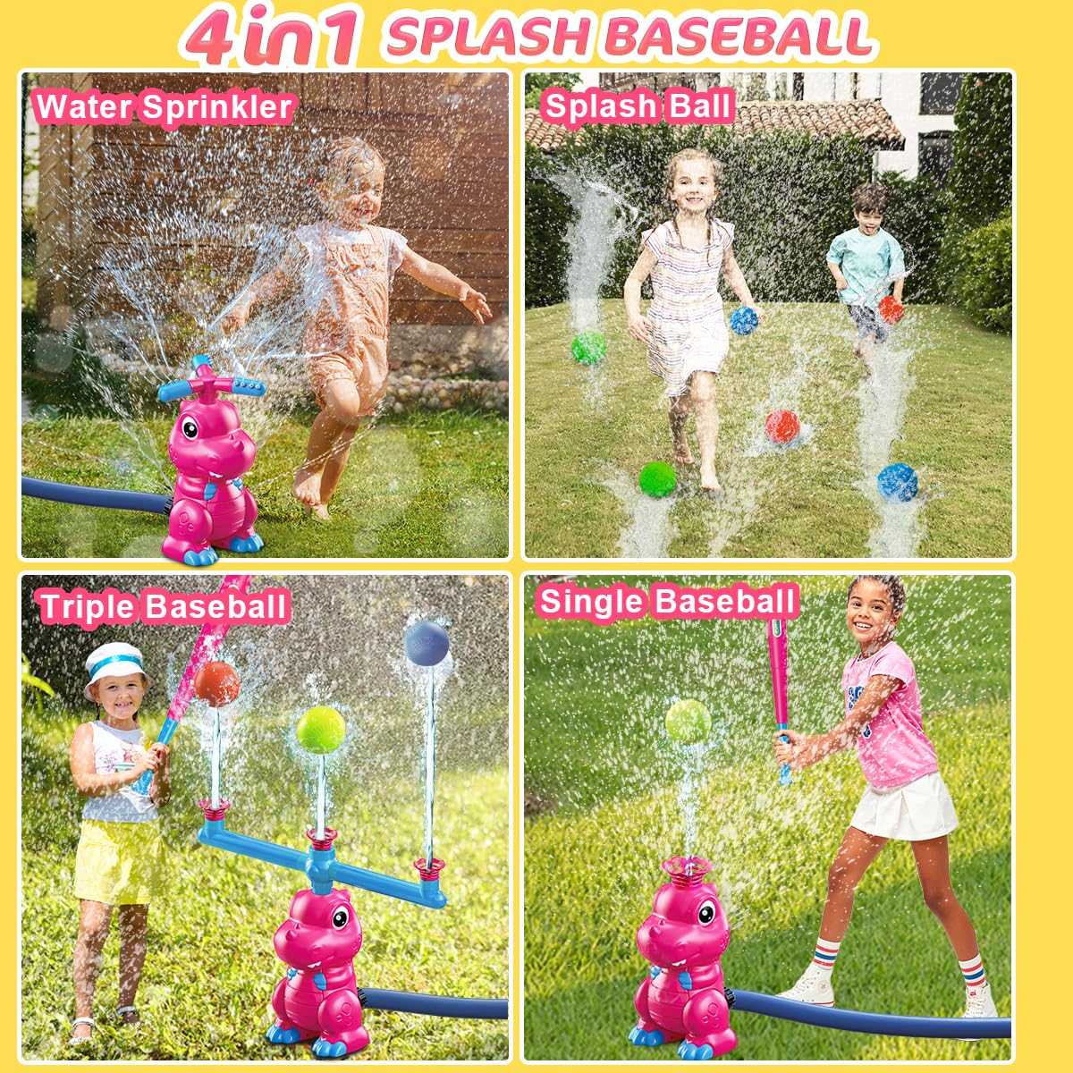 TERRAMUS 4-in-1 Dinosaur Water Sprinkler Baseball Toys, 360° Roating Spray Water Play Game, Water Splashing Toy for Kids Outdoor, Summer Backyard Lawn Pool Party Fun for Boys Girls (Pink)