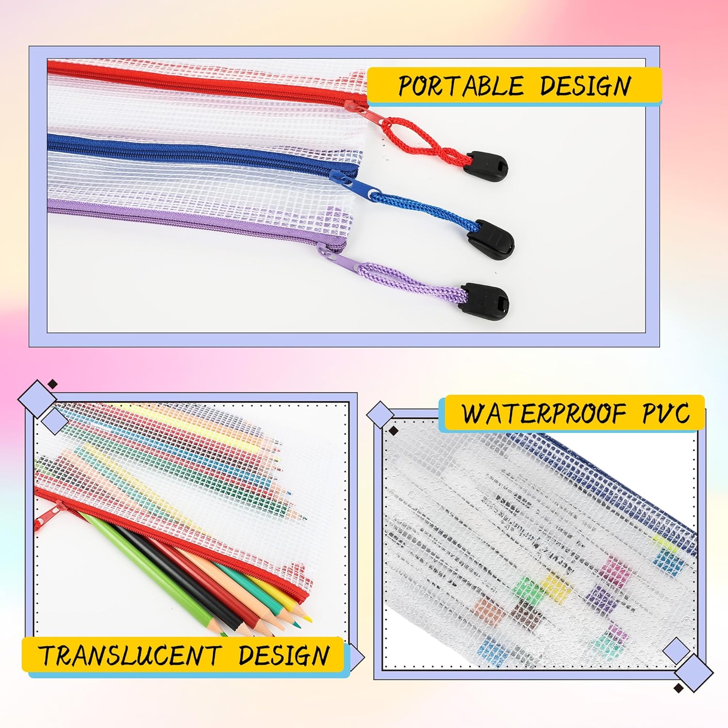 120 Pcs Mesh Zipper Bags Zipper Pencil Bags Bulk Transparent Pencil Storage Bag Multifunctional Travel Bag Cosmetic Toiletry Bag for Office Documents School Stationery Travel, 12 Colors - Image 3