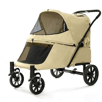 Dog Stroller for Large Dogs with Ramp up to 132lbs, Large Pet Gear for Multiple Dogs/Cats, All-Terrain with Mesh Dual-Window & NO-Zip, Removable Mattress & Slope Pad Khaki