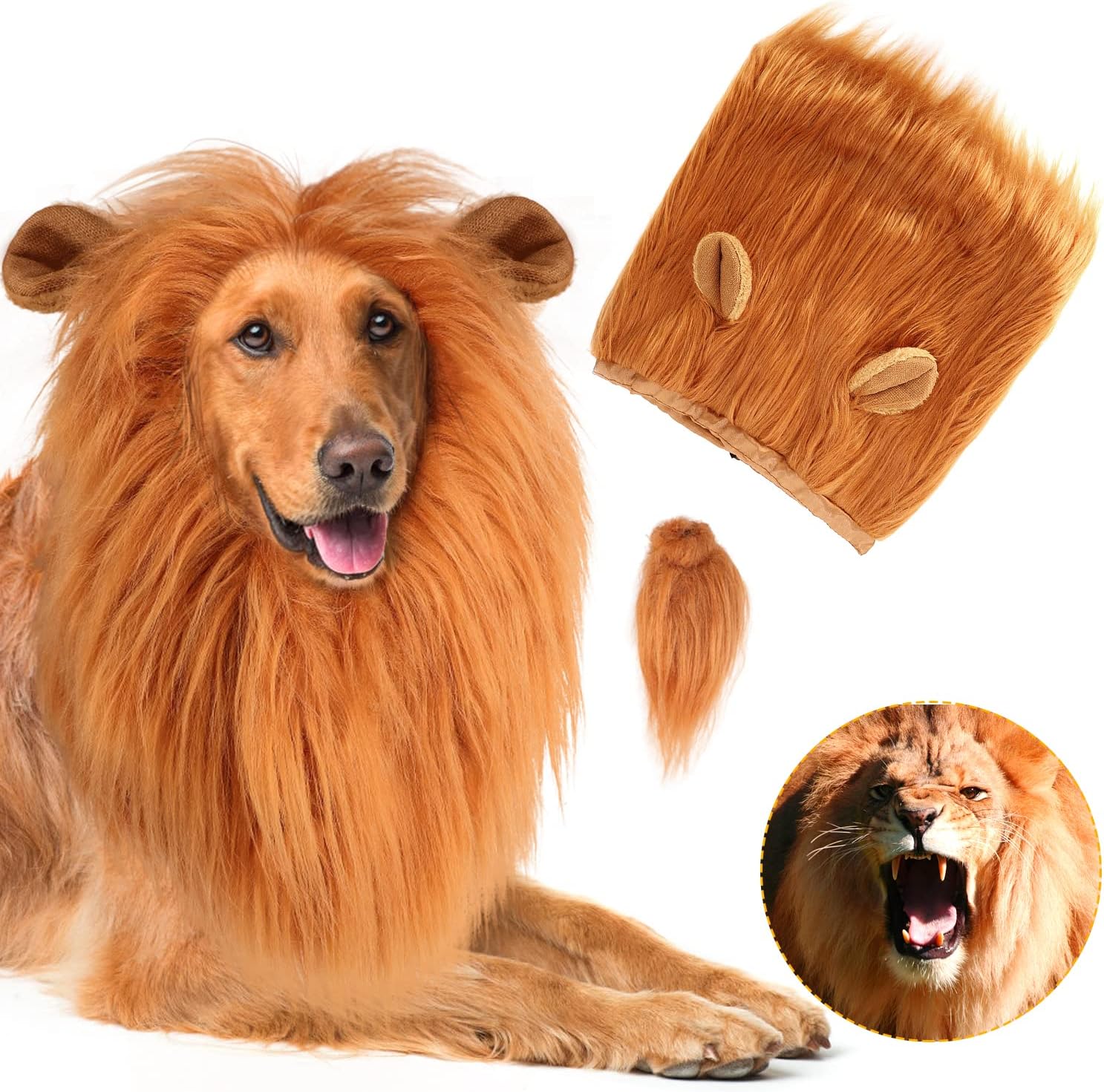 Dog Lion Mane Costume Pet Wig for Small Medium Large Dogs,Lion Mane and Tail for Dog,Dog Wig for Halloween Party,Pet Party,Birthday Party (1pcs)