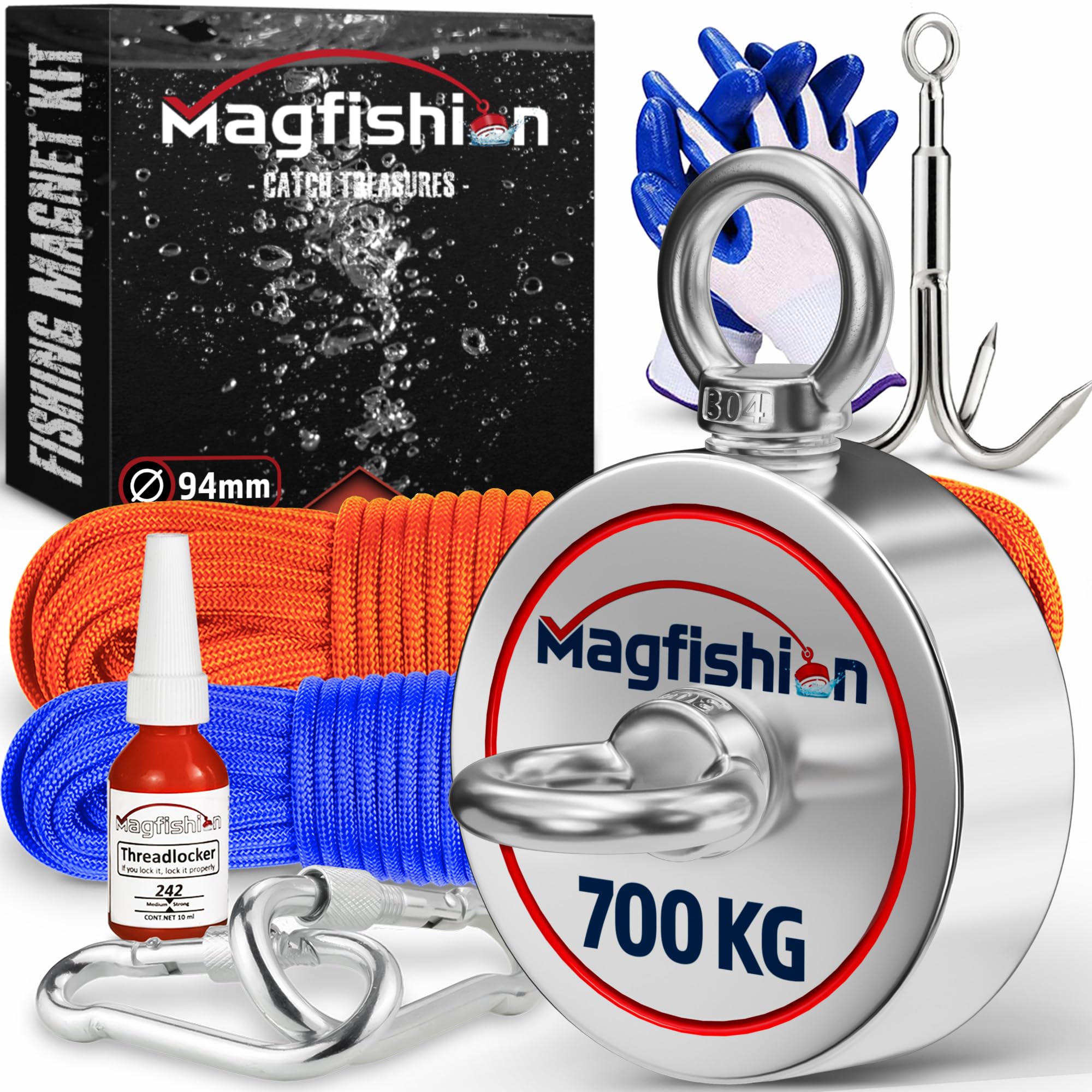 MAGFISHION Magnetfischen Mega Set - 700 KG (2 x 350KG) - Ø94mm - Neodym Magnet mit 2 Seilen, Greifhaken & Handschuhe - Magnet Fischen Angel - Ösenmagnet - Fishing Magnetangel - Magnetangeln Set