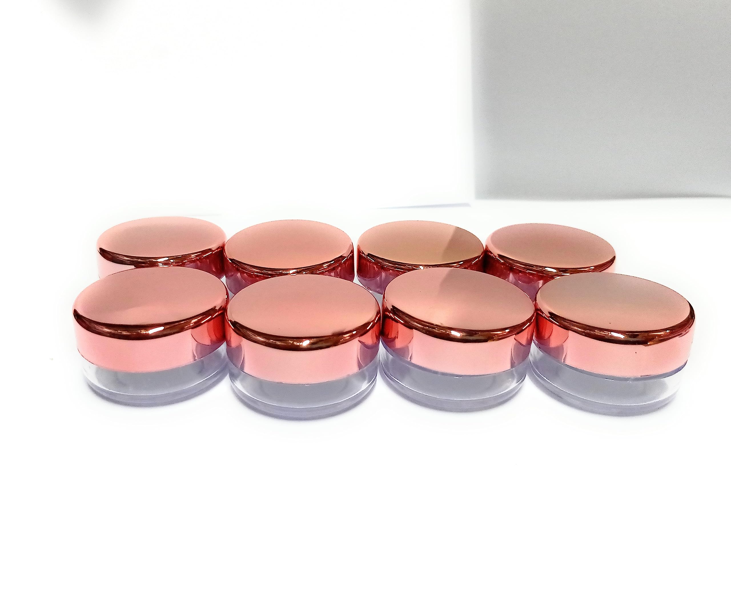 Shree MAHA Empty Rose Gold Cap Transparent Cosmetic Container with Leakproof Inner lids for Lip Balms, Lip Scrubs, Eyeshadow, Makeup & DIY Cosmetics (Rose Gold Cap, 10 grm) (Pack of 12)