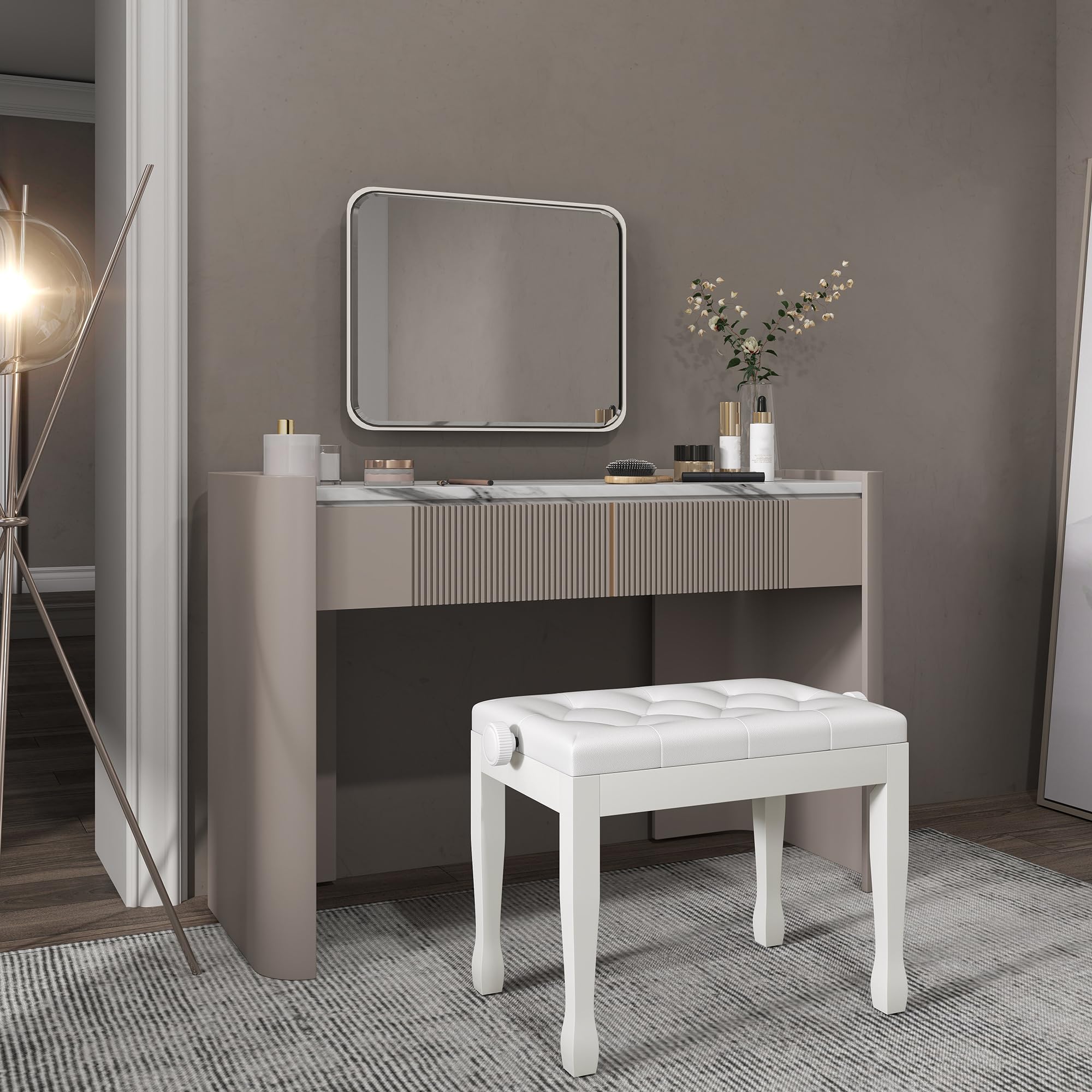 HOMCOM Banc de Piano, Banc de Clavier réglable en Hauteur en Bois Massif, Tabouret Piano avec siège rembourré polyuréthane à 10 Boutons, Stable et antidérapant, Charge 200kg, Blanc
