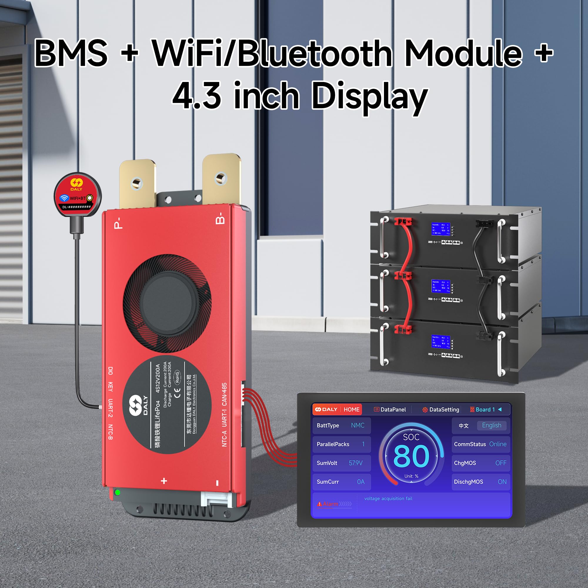 DALY BMS 12V 4S 200A - BMS Inteligente con Pantalla táctil LCD de 4,3 Pulgadas, módulo WiFi Bluetooth Compatible con RS485 Can para LiFePO4 de 12V Energía para Casas rodantes
