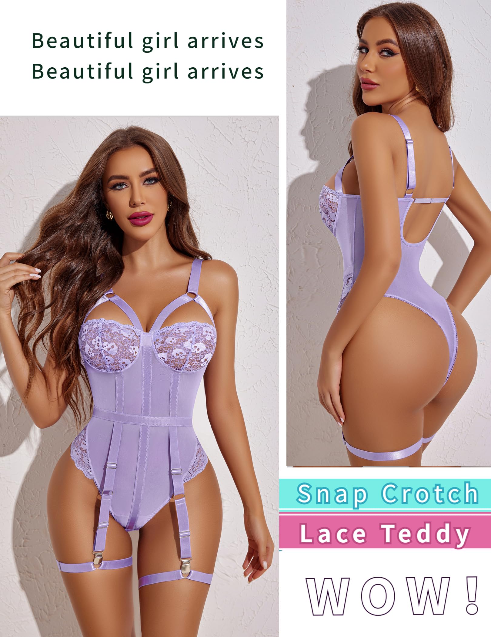 Avidlove Lingerie Sets for Women Sexy Lace Skull Corset with Garter Belt One Piece Teddy Bodysuit: X-Large Light Purple
