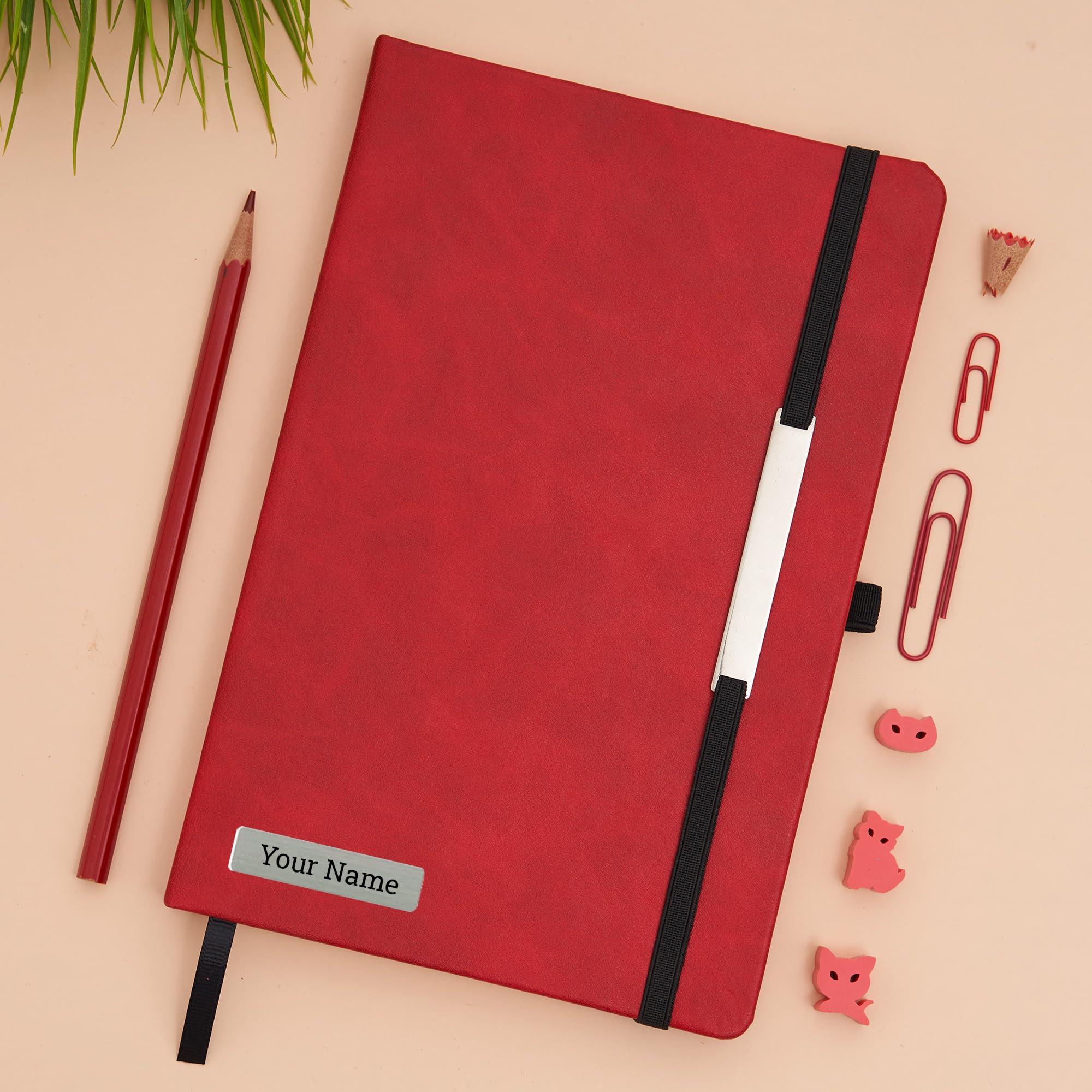 DOODLE CONNECT Personalized Myer Executive A5 PU Leather Hardbound Diary |8.5 x 5.5 |Elastic Closure and Metal Accessory and Penloop|Lay Flat Binding|192 ruled pages|Acid Free Recyclable Paper - Red