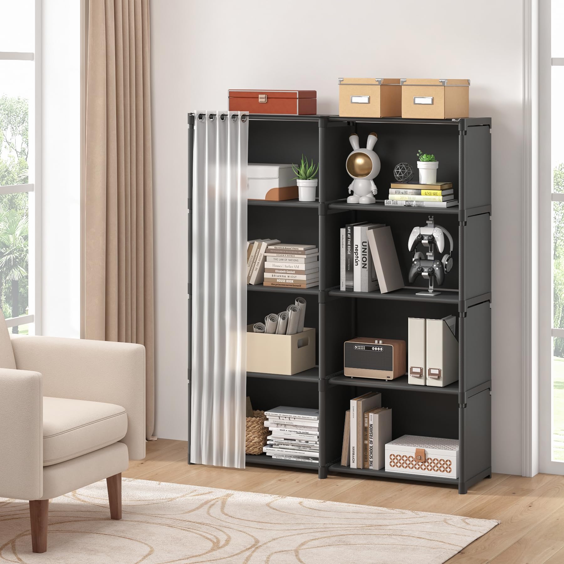 Dttwacoyh 5 Tier Bookcase, Assembled Bookshelves,with Curtains,Large-Capacity Cube Storage Organizer, Bedroom, Office, Living Room(Black)