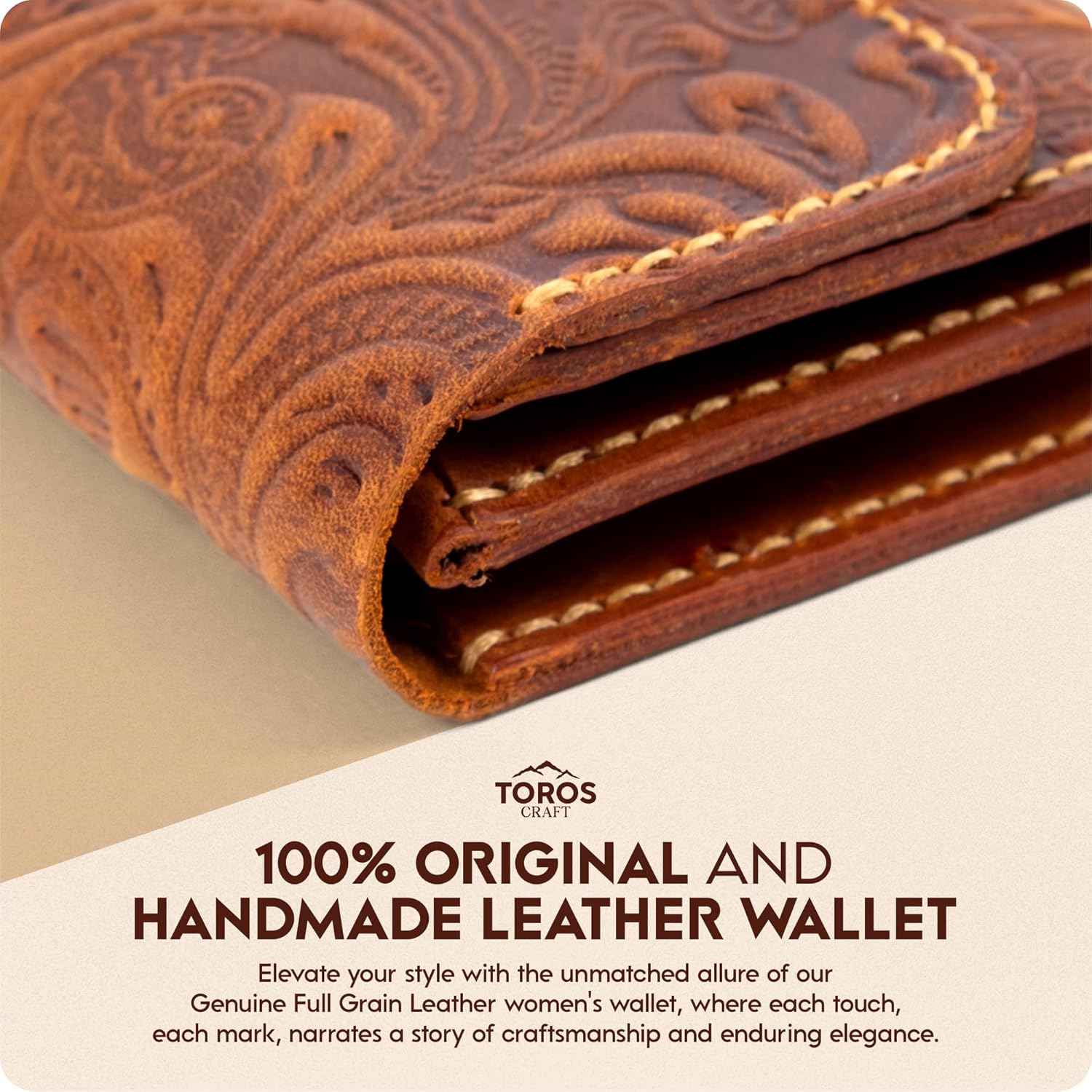 Handmade Keychain Wristlet Wallets for Women, Western Floral Leather Small Credit Card Holder with Zipper, Minimalist & Cute Coin Pouch, Genuine Leather (Camel) - Image 2