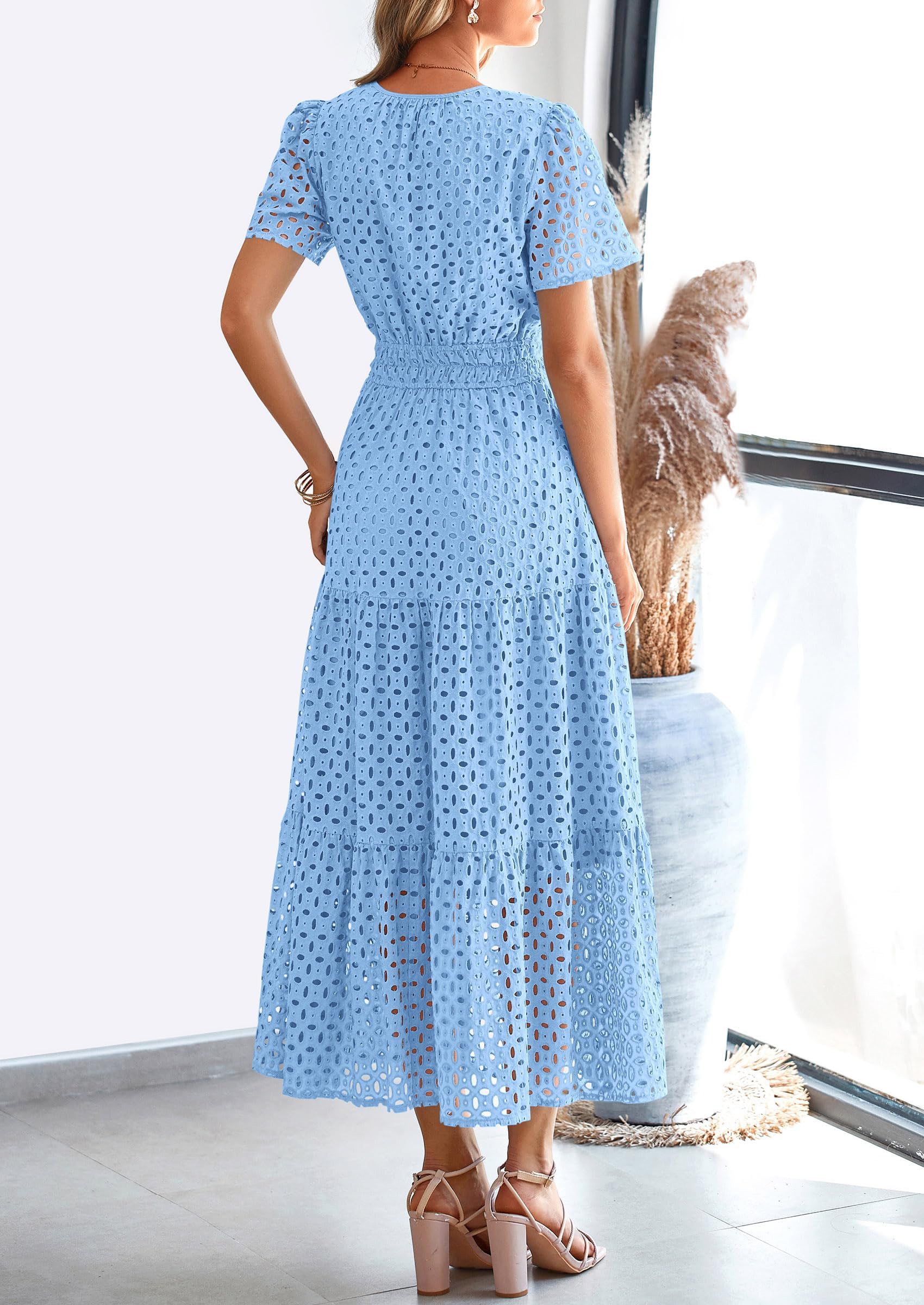 PRETTYGARDEN Womens 2026 Summer Maxi Dress Short Sleeve V Neck Hollow Out Eyelet A Line Long Flowy Beach Vacation Dresses: Light Blue Large