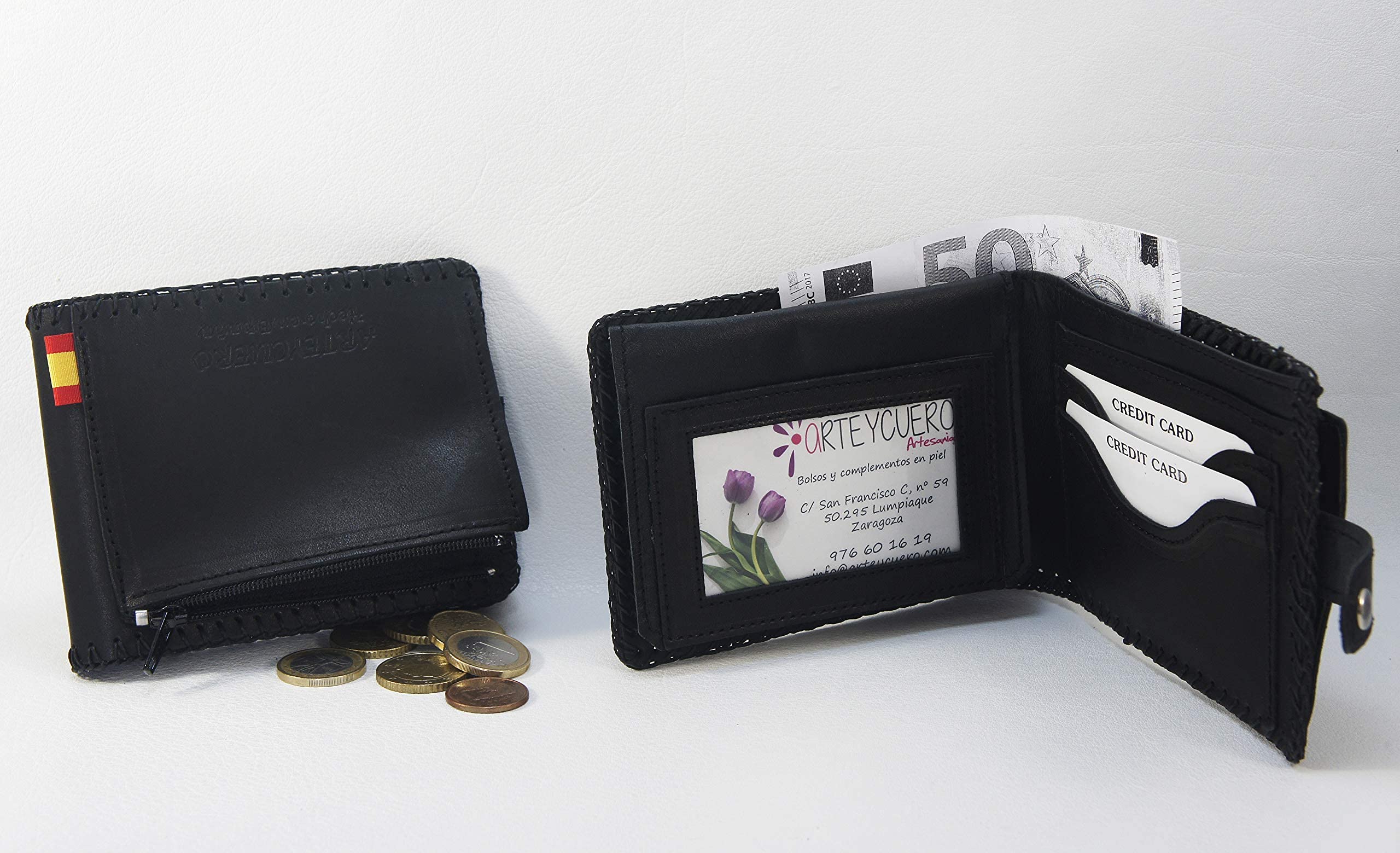 Cartera de cuero con bandera de España. Billetero piel americano con detalle bandera española