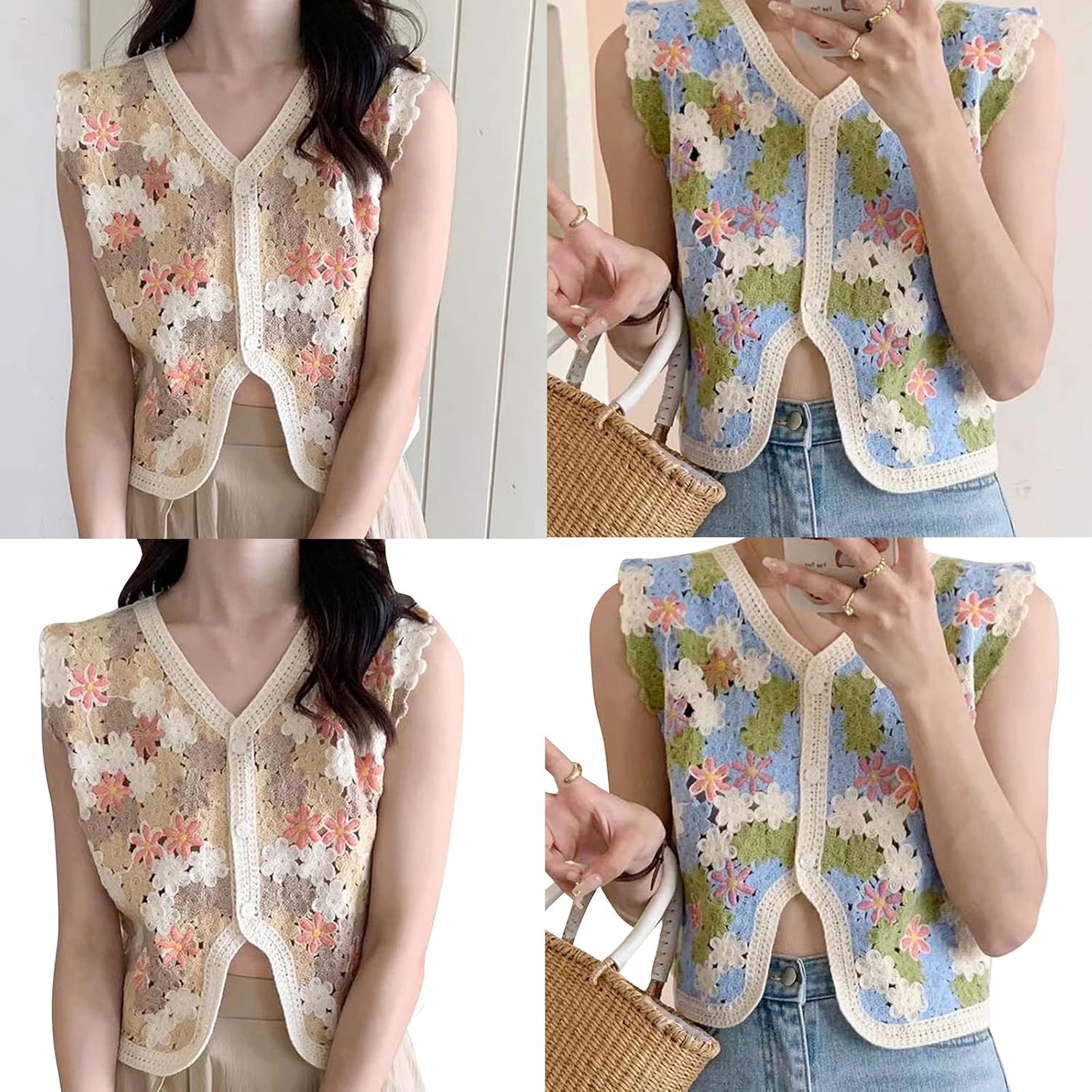 LIANXUE Women Vintage Knit Crochet V-Neck Waistcoat Cropped Cardigan Embroidery Colorblock Floral Sleeveless Sweater Vest Top - Image 4