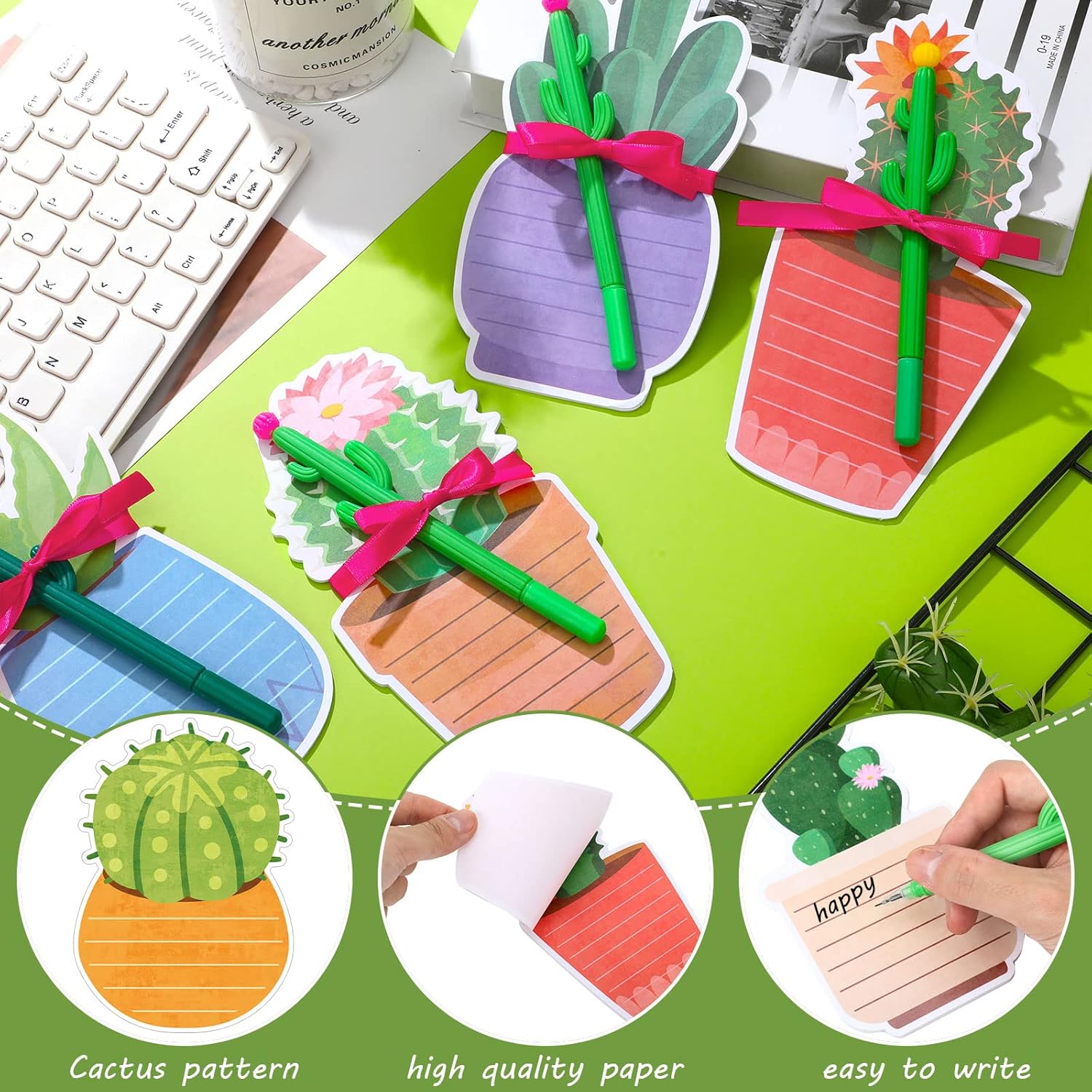 24 Pcs Cactus Sticky Notes with Cactus Pen Sets Cute Notepads Gifts Cacti Notepads Succulent Pen Self Adhesive Note Pads for Xmas School Supply