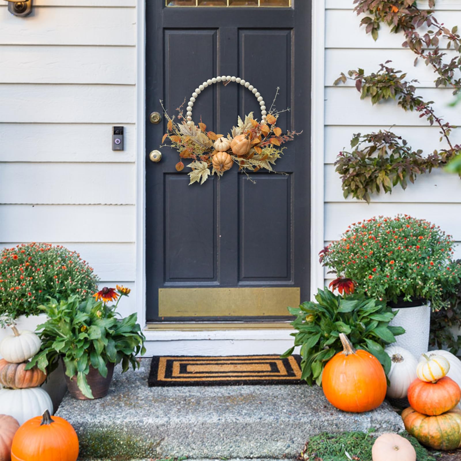 Herbst Highland Kuh Türdekoration - Rustikales Banner Mit Kürbis & Blumen 91x183 Cm