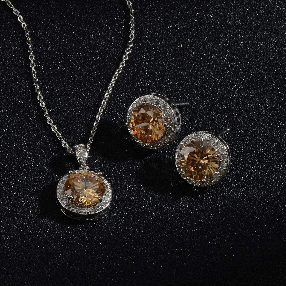 Bridal Crystal Jewelry Set - Sterling Silver Round Cubic Zirconia CZ Rhinestone Halo Birthstone Pendant Necklace Stud Earrings Set for Wedding Bride Bridesmaids Birthday Gift - Image 9