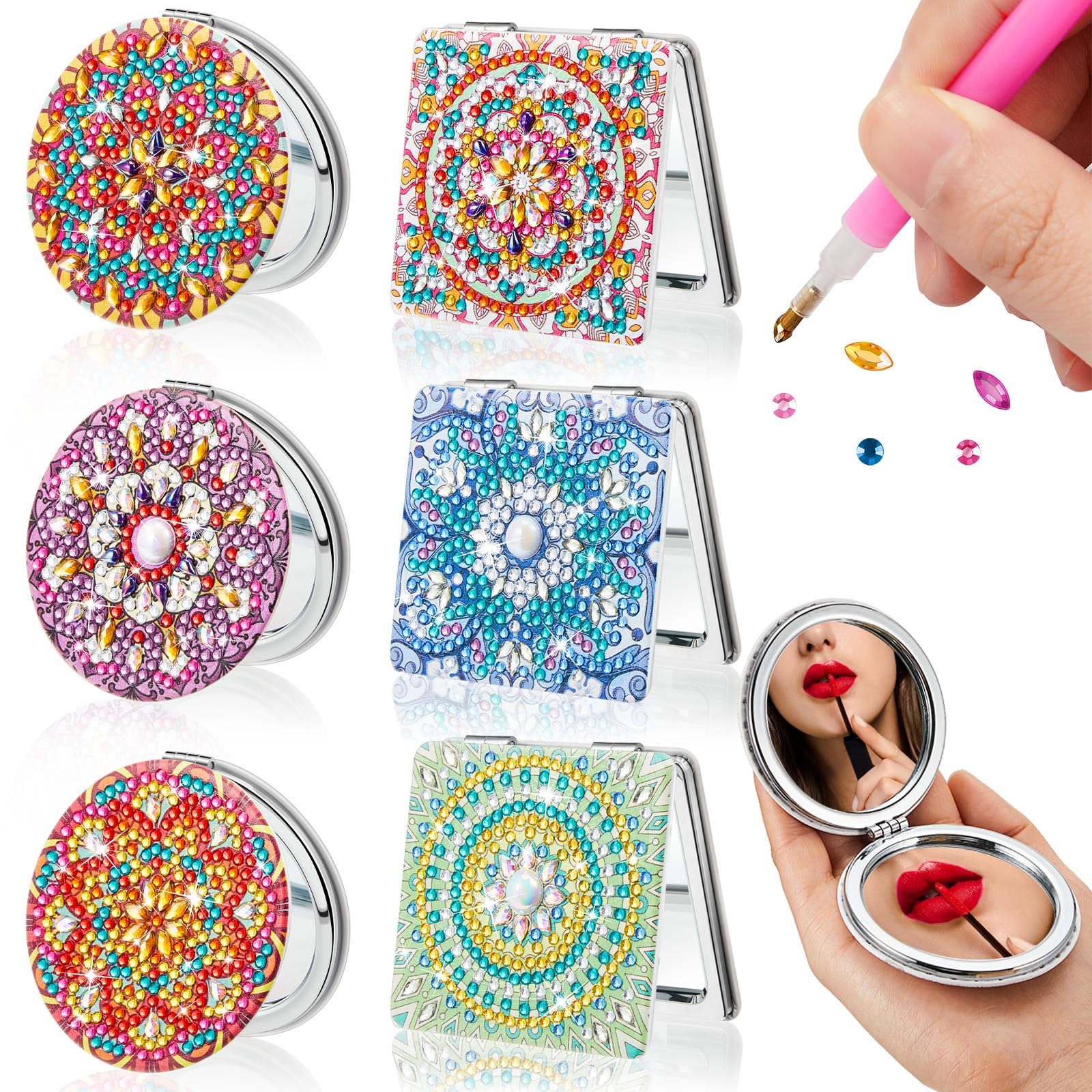 Miroir broderie diamant compact avec strass brillants : kit créatif adulte 6 pièces