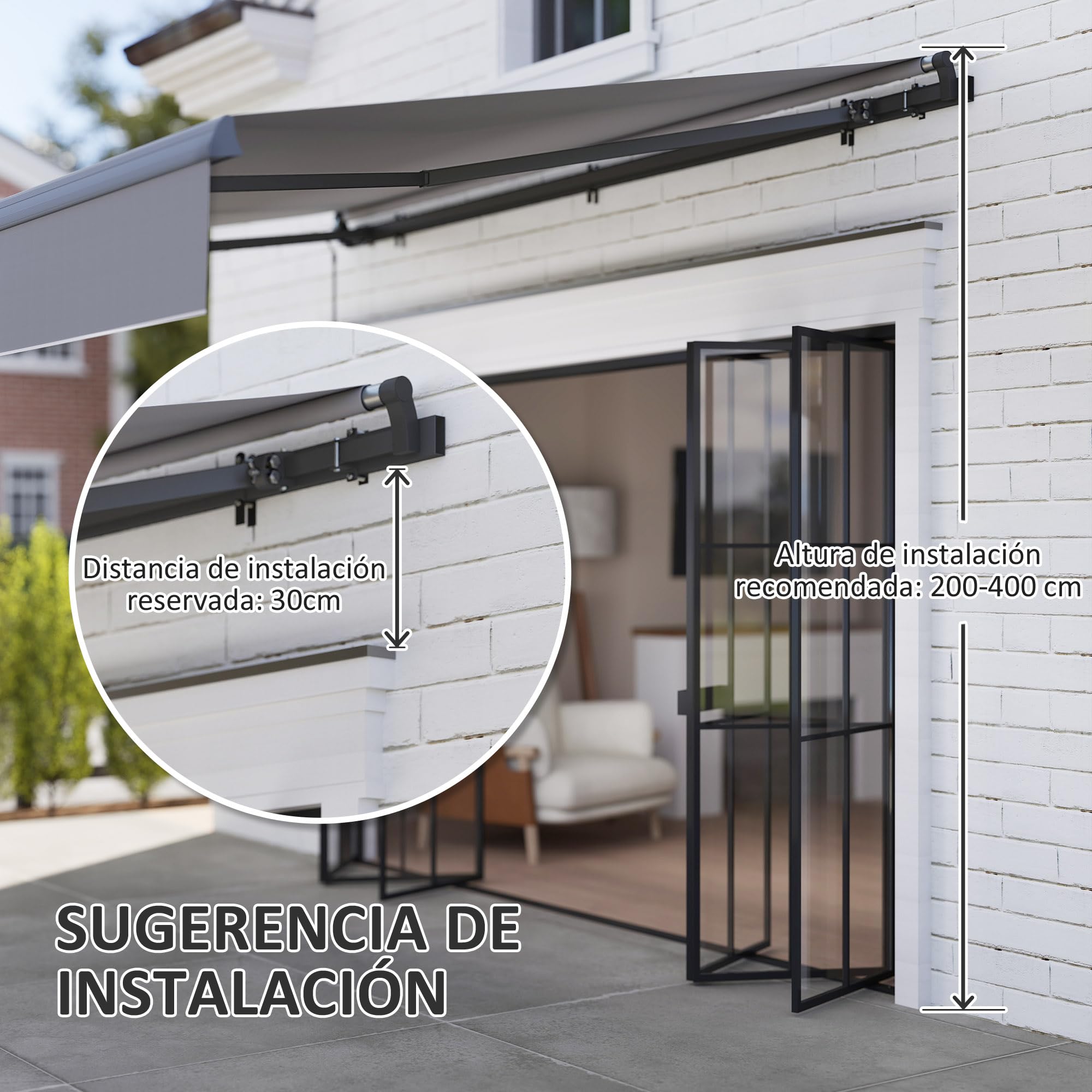 Outsunny Toldo Manual Retráctil 3x2 m Enrollable con Manivela UV50+ Gris | Toldo Exterior Terraza, Ajustable, Estructura de Aluminio y Metal, para Balcón Jardín
