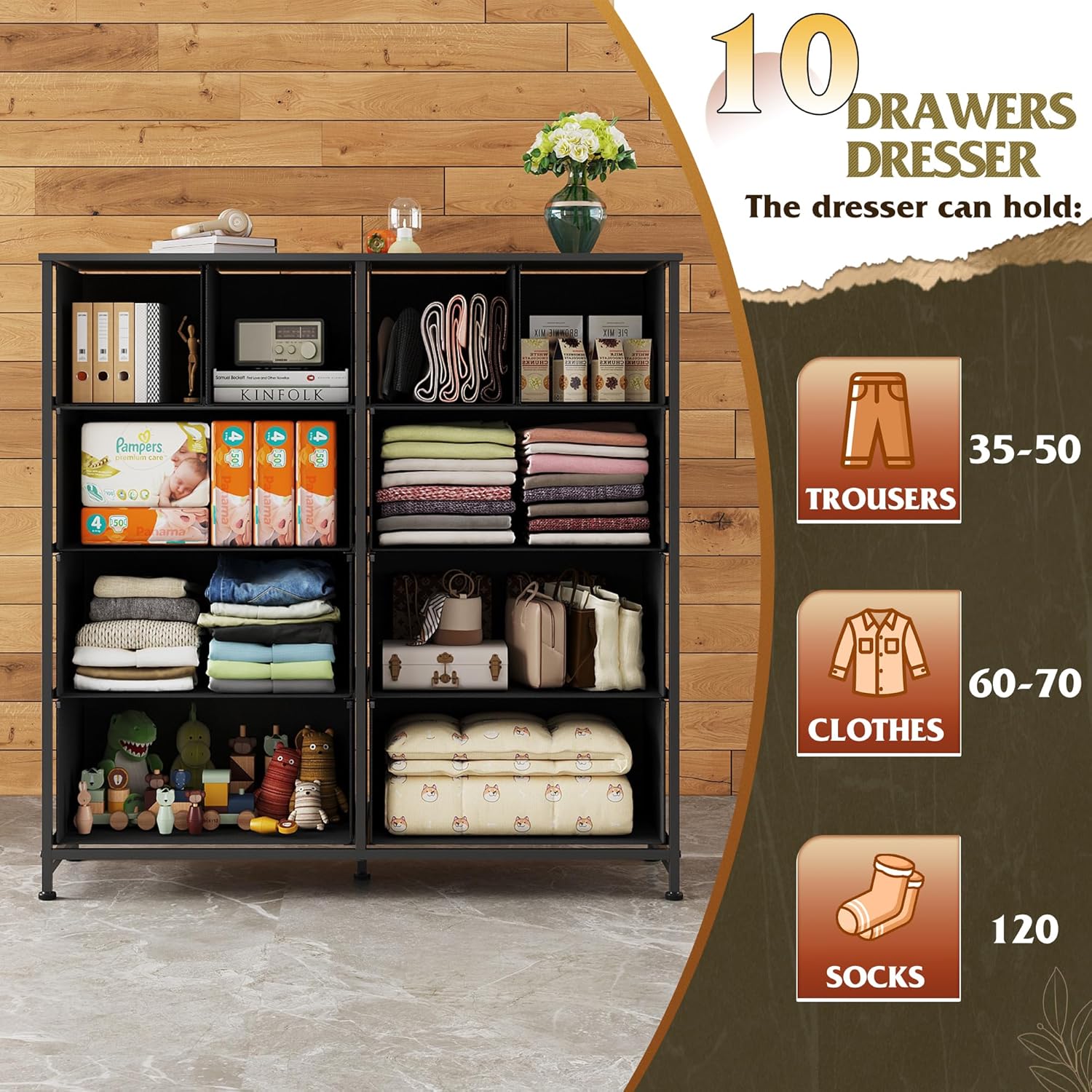 WLIVE Dresser for Bedroom with 10 Fabric Drawers, Tall Chest Organizer Units for Clothing, Closet, Storage Tower with Cabinet, Metal Frame, Wooden Top, Black Dresser for Living Room - Image 5