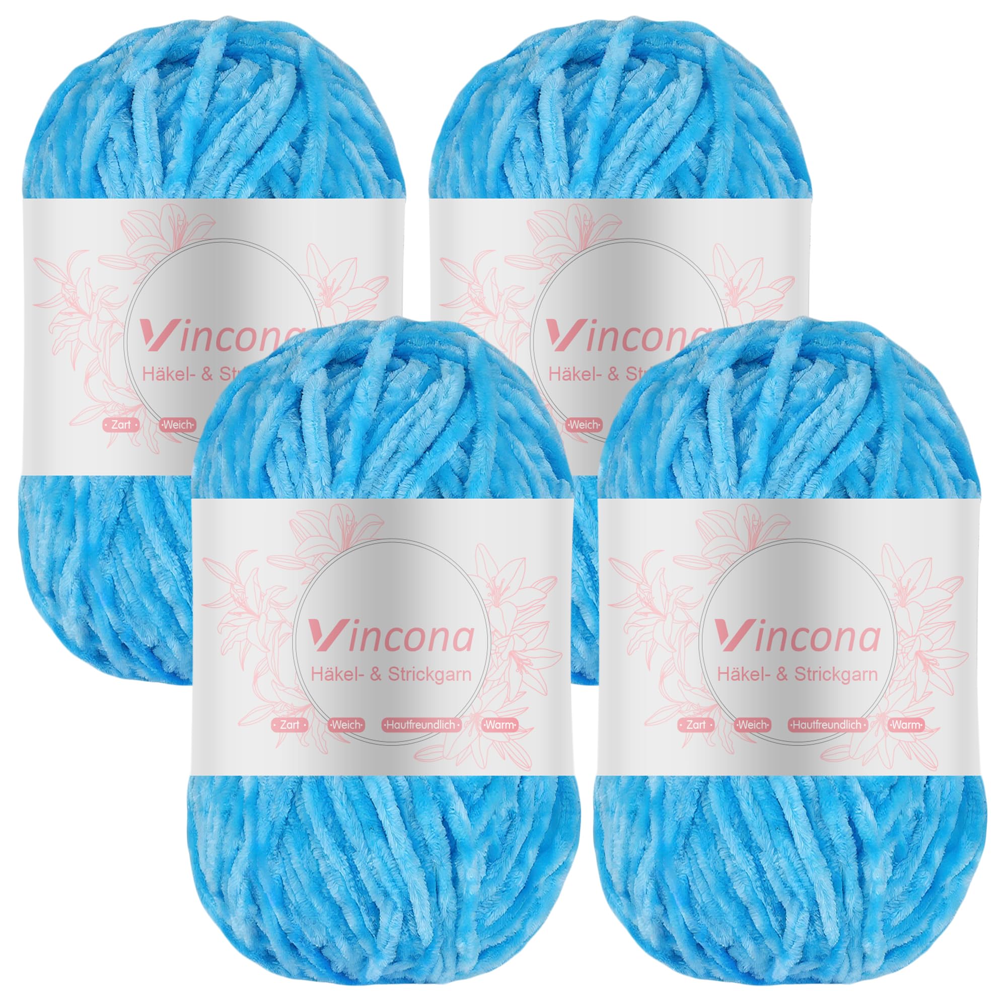 Vincona Chenille Yarn 4 x 100g Super Soft Chunky Yarn for Knitting and Crochet Yarn Clothes, Handbag, Shoes Hats Sweaters Blankets Scarves，DIY- Ideal for Beginners Adults Aqua Blue
