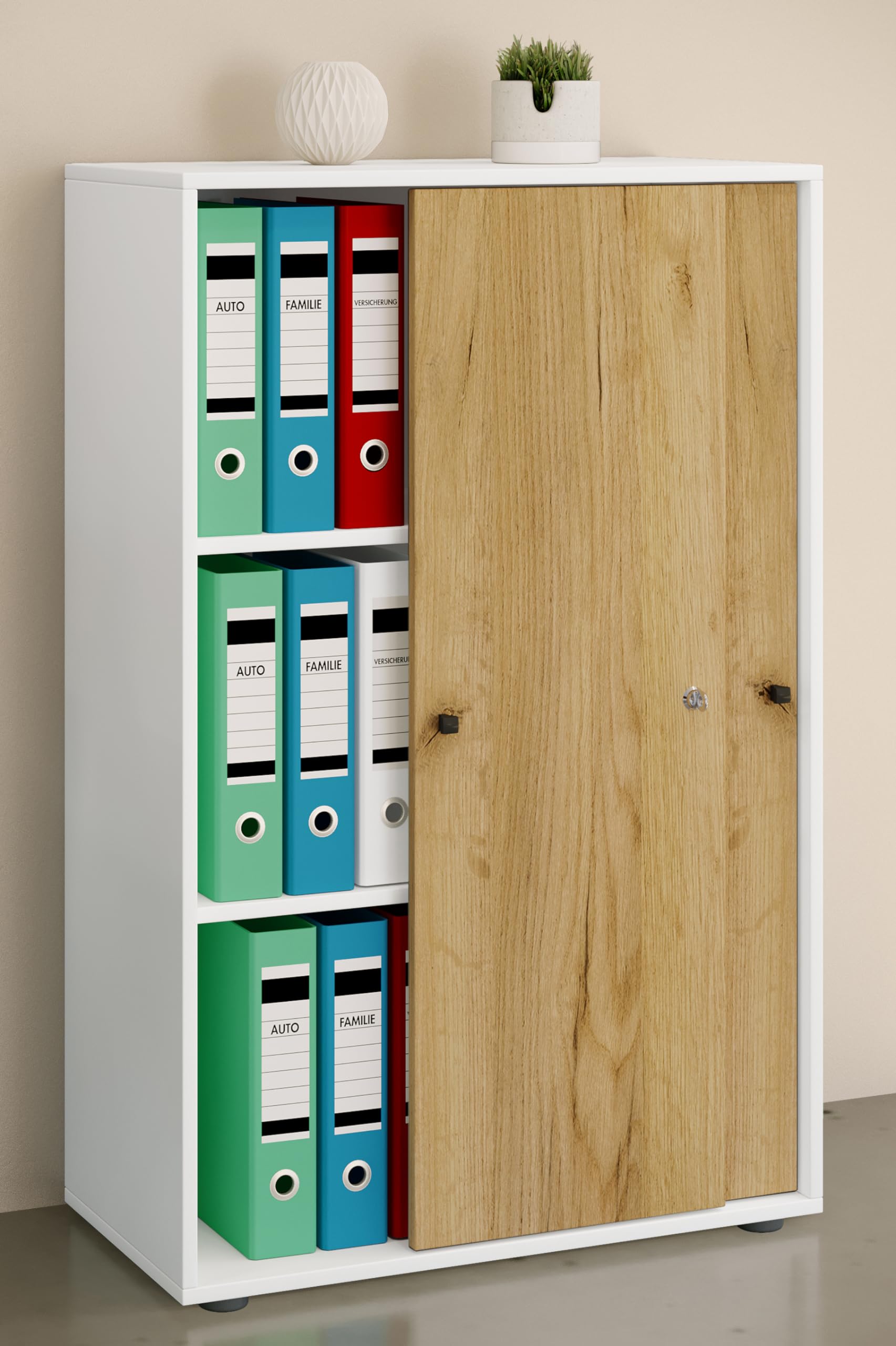VCM Büroschrank mit 3 Fächern | moderner Aktenschrank mit Schiebetüren und Schloss | Maße ca. B. 70 x H. 111 x T. 40 cm – Lona 3-Fach abschließbar