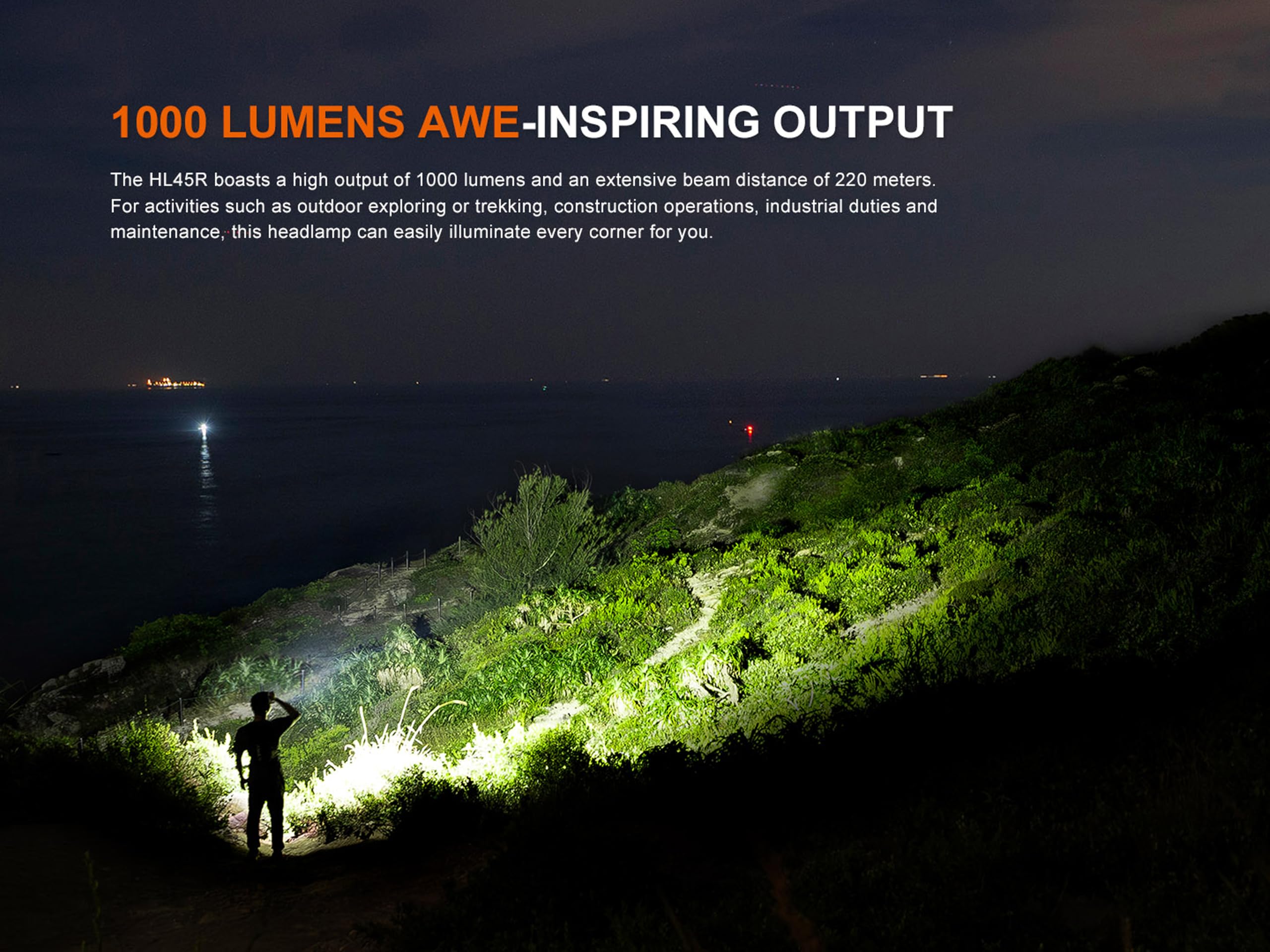 FENIX HL45R Stirnlampe, wiederaufladbar, für Außen/Arbeit/Multifunktion, 1000 Lumen, 220 m, maximal 124 Stunden, weißer Hauptlicht, Unterstützung des roten Lichtstrahls, drehbare Steuerung