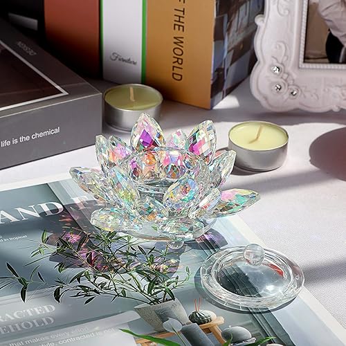 Miniatura 6 de OwnMy Plato de cristal de loto con tapa, soporte para velas de té de cristal, pétalo de loto, soporte para velas, plato de monómero de flor de