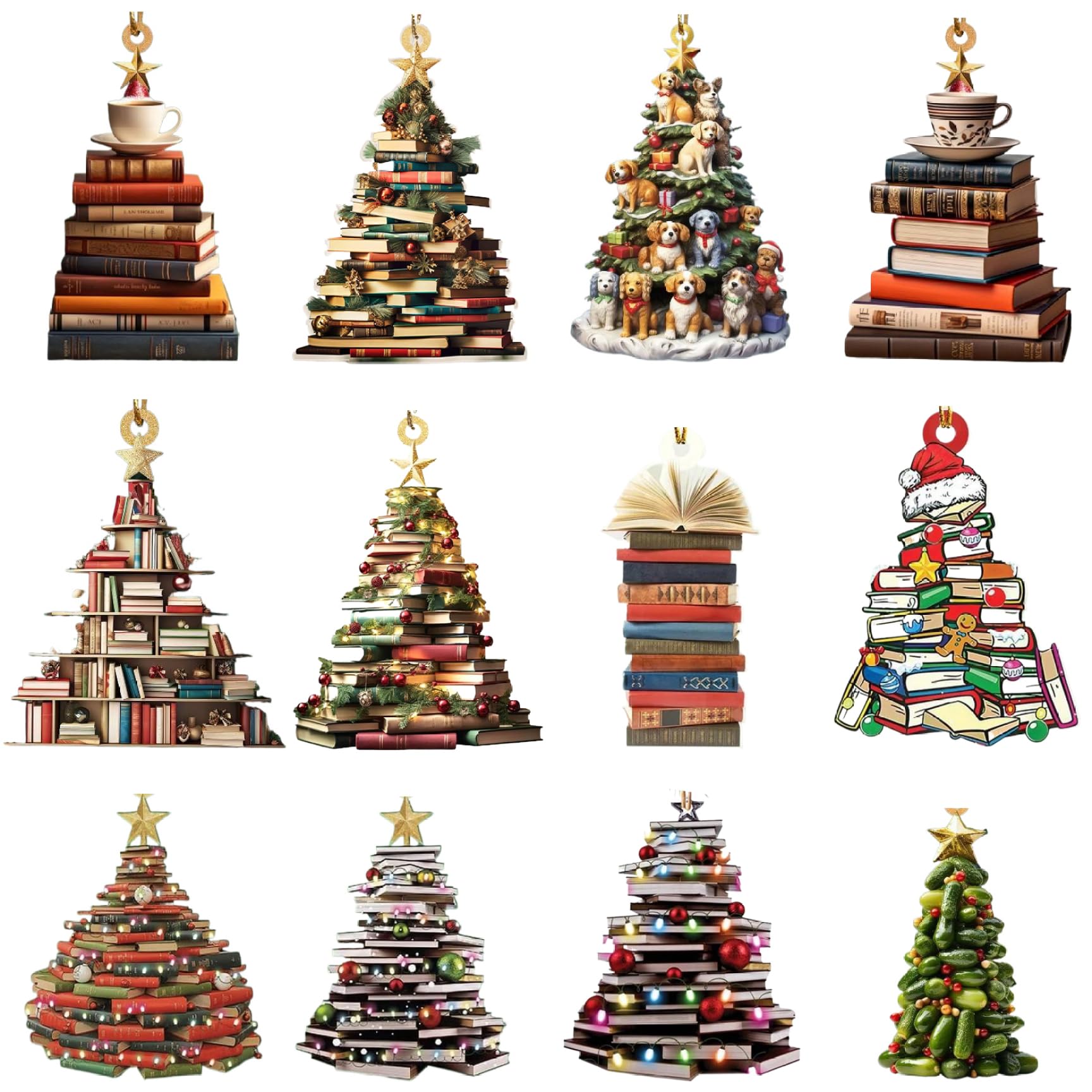CAKEEYUM 12Pcs Christmas Book Tree Ornament 3 Inch Acrylic 2D Book Tree Ornament Stacked Hanging Little Christmas for Indoor and Outdoor Decor
