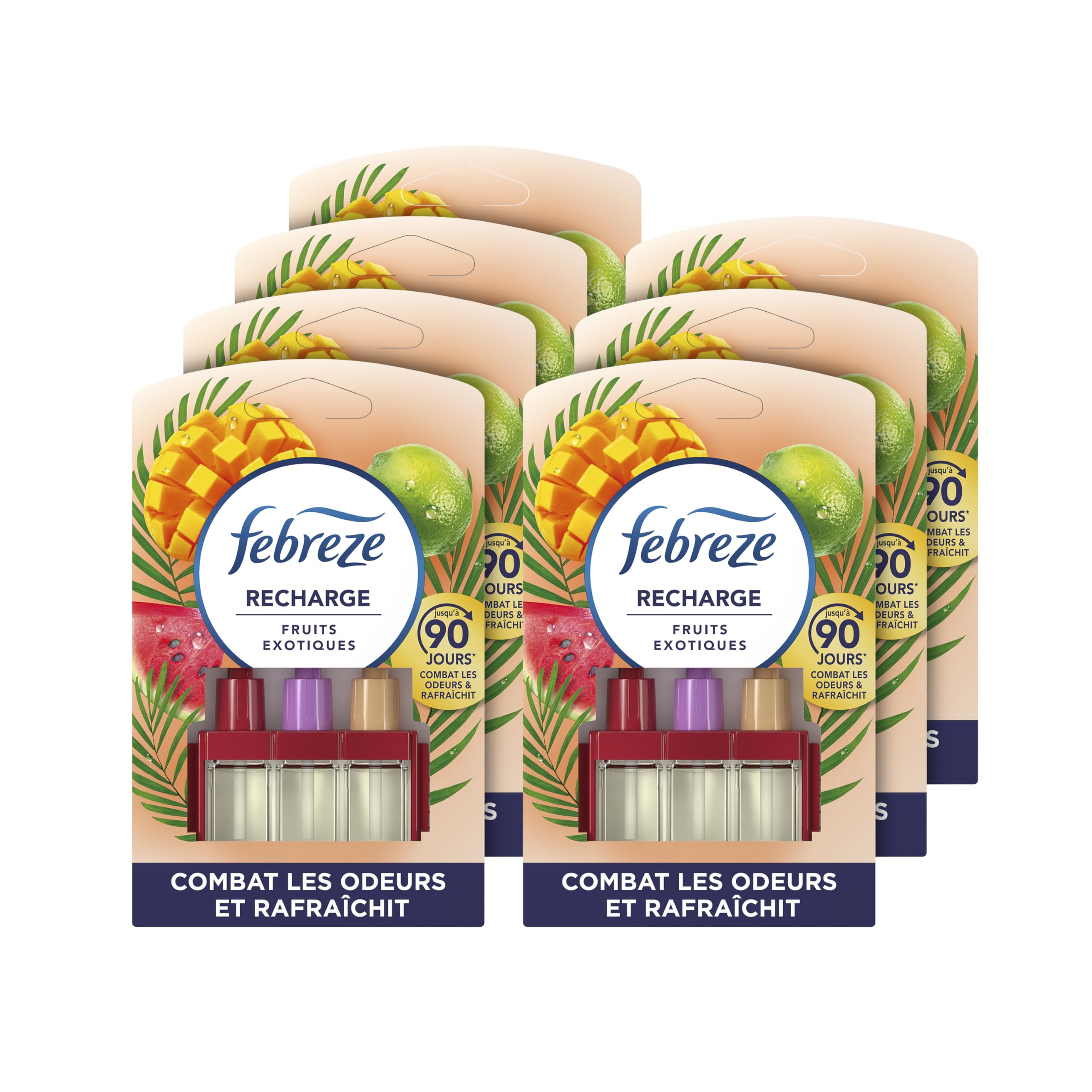 Febreze Désodorisant Électrique, 7 Recharges (20ml avec 3 Parfums en Alternance), Parfum Fruits Exotiques, Combat les Odeurs en Continu, Fraîcheur Jusqu'à 90 Jours