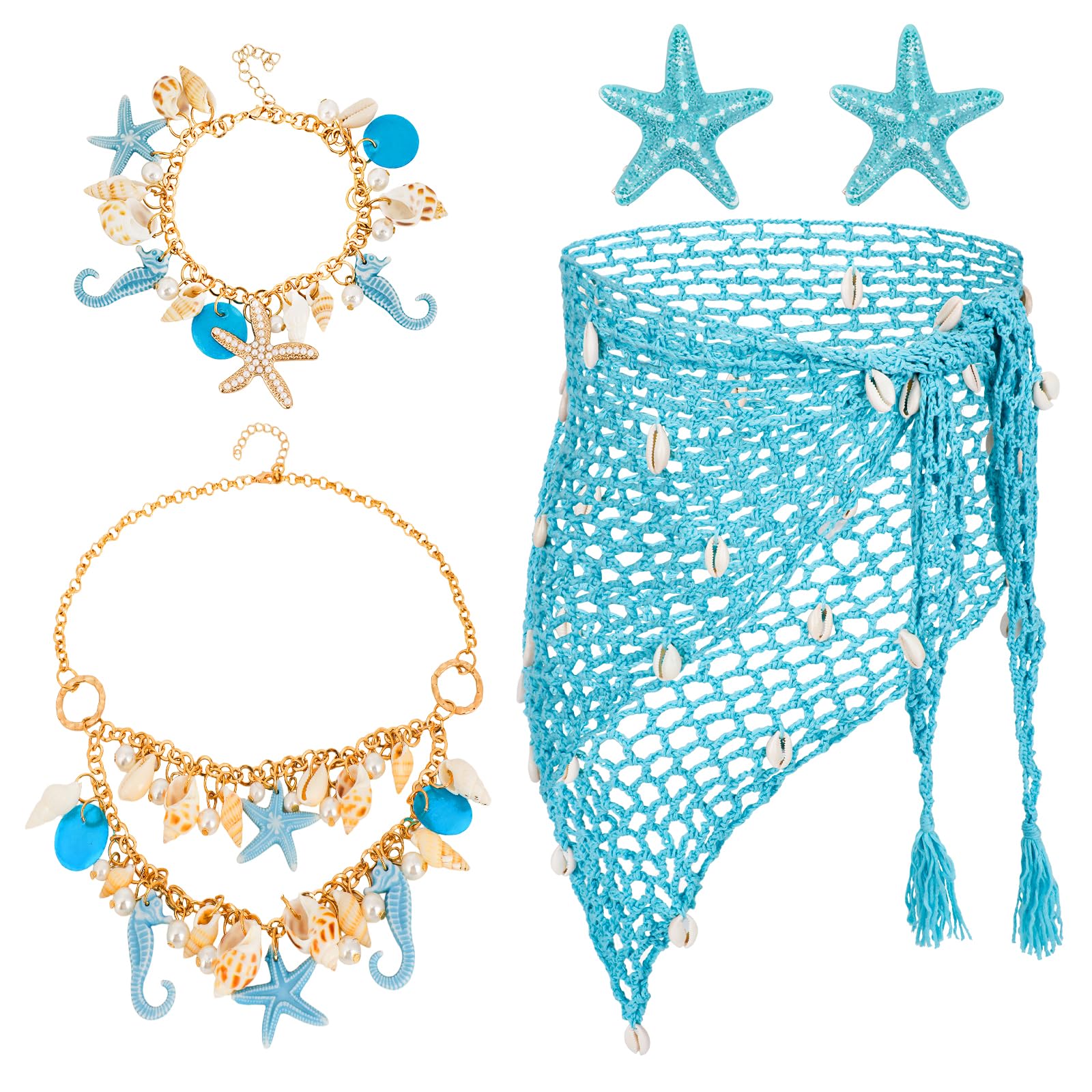 XEPST 5PCS Mermaid Costume for Women - Siren Costume Mermaid Accessories Set With Sarong Crochet Skirt Cover Up Shawl Starfish Hair Clips Shell Jewelry for Halloween Costumes Cosplay Carnival, Blue — image 1