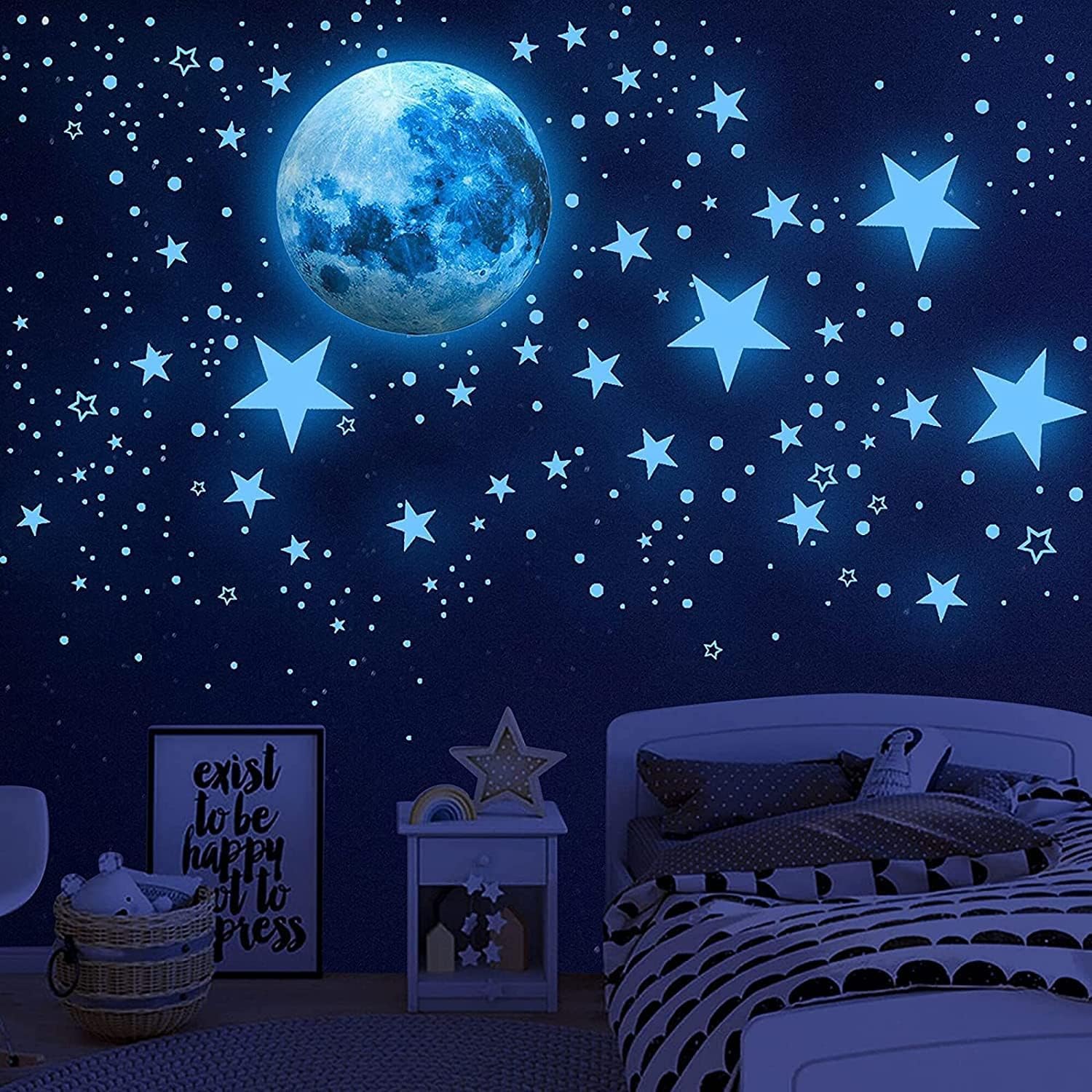 1086Pcs Glow in The Dark Stars Glow in The Dark Moon for Ceiling Planets Space Wall Stickers Solar System Galaxy Wall Decals for Kids Boys Bedroom Living Room Decoration -Blue