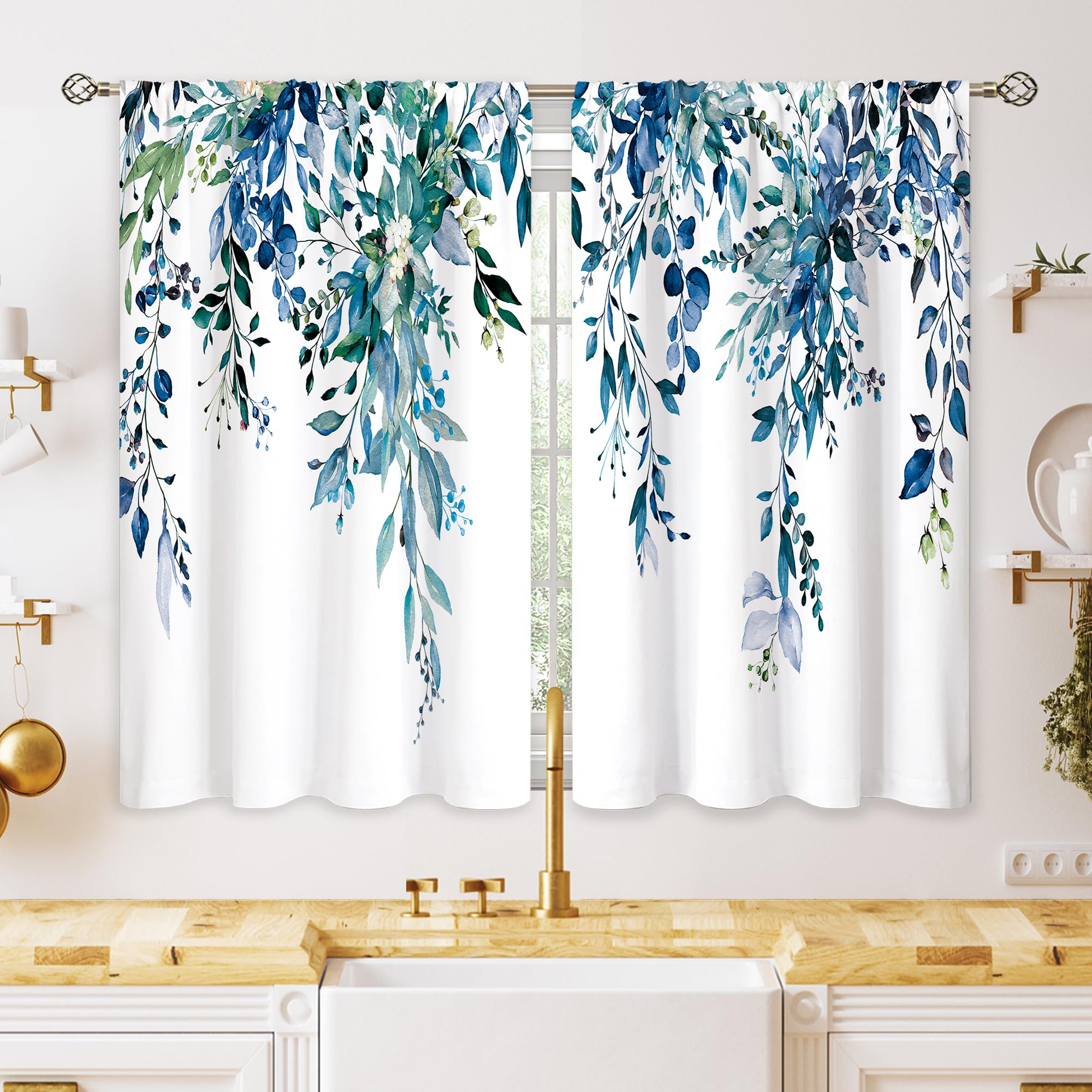 oolygoo Teal Eucalyptus Botanical Leaves Floral Small Kitchen Curtains Blue Flower Window Treatment Wildflower Plant Cafe Short Window Curtains for