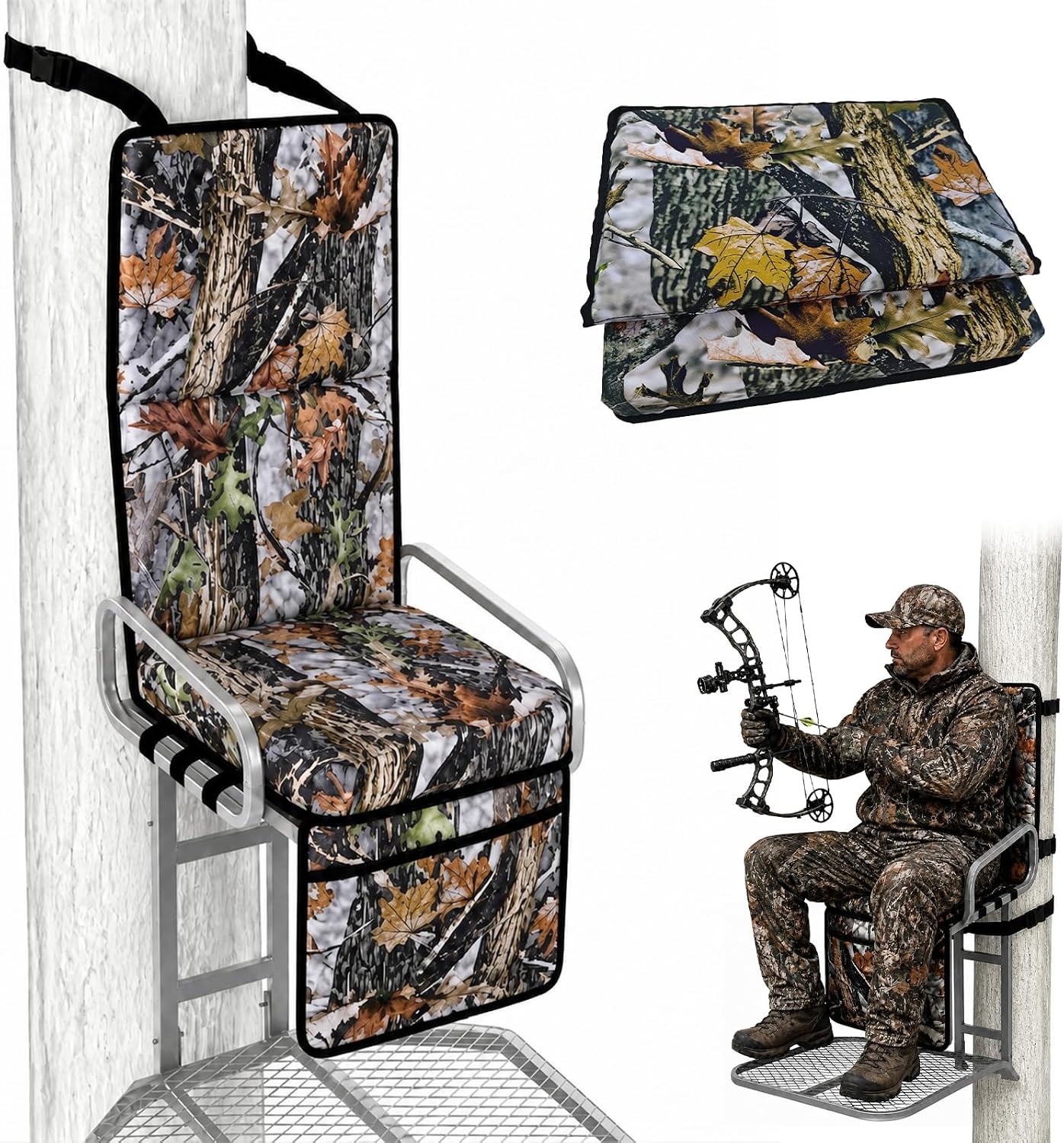 Tree Stand Seat Replacement with Storage Pocket&Adjustable Straps | Camouflage Foldable Portable Ladder Hunting Seat Cushion For Climber Deer Turkey Hunting Outdoor Camping Fishing