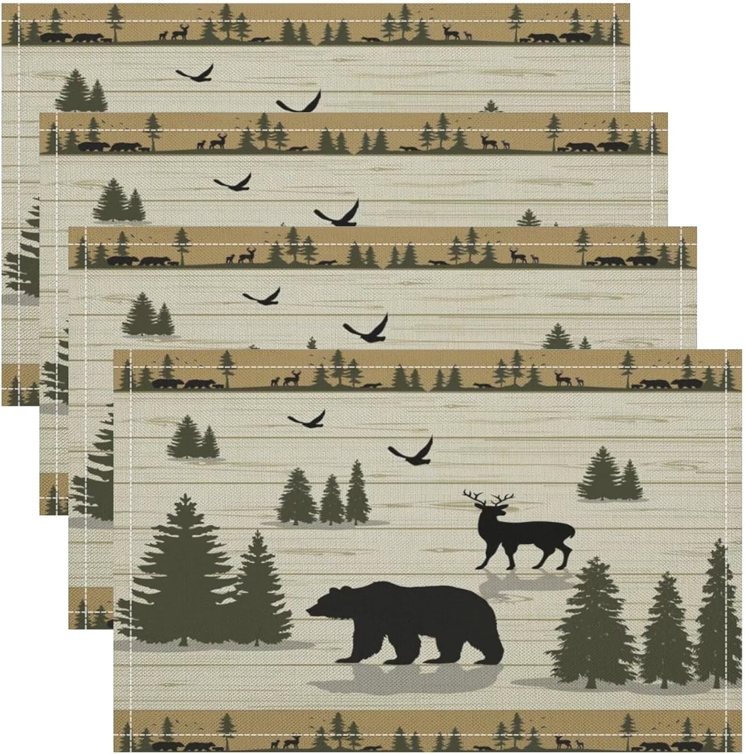 Rustic Cabin Placemats Set of 6, 17x12 Inch Vintage Wood Planks Bear Deer Bird Tree Woodland Table Mats for Home Party Kitchen Dining Decor