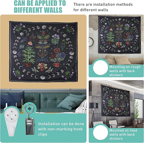 Miniatura 5 de LAIMAILER Tapiz de plantas naturales tapiz divertido de mariposa bohemio tapiz de fase lunar tapiz de flores de mandala para dormitorio decoración