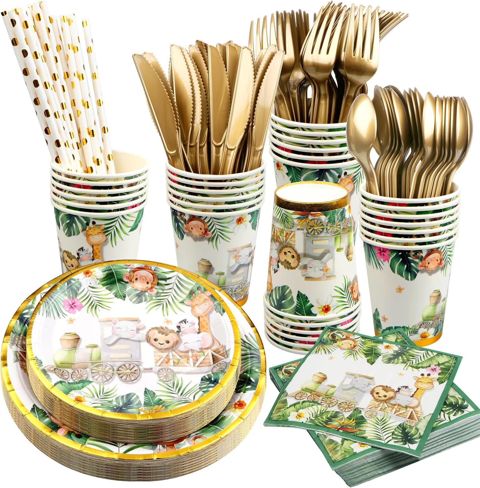 URbazaar 200 Pcs Animal Birthday Party Supplies - Serves 25 - Plates, Napkins, Cups,Plastic Knives,Forks, Spoons,Straws for Birthday Parties, Jungle Theme Party Supplies