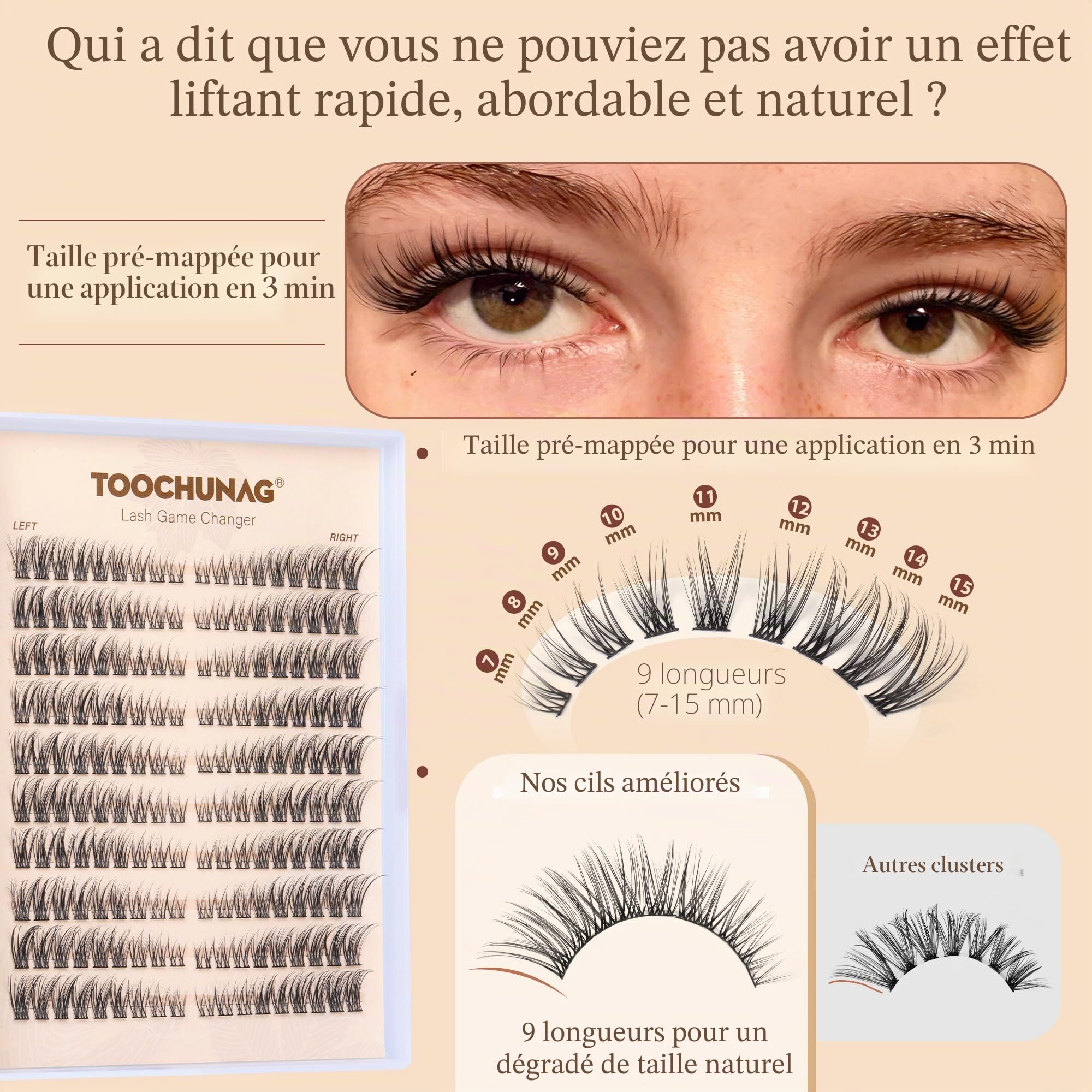 TOOCHUNAG Lot de 180 grappes de cils individuels, courbure C, gauche/droite, 7 à 15 mm, courbure C